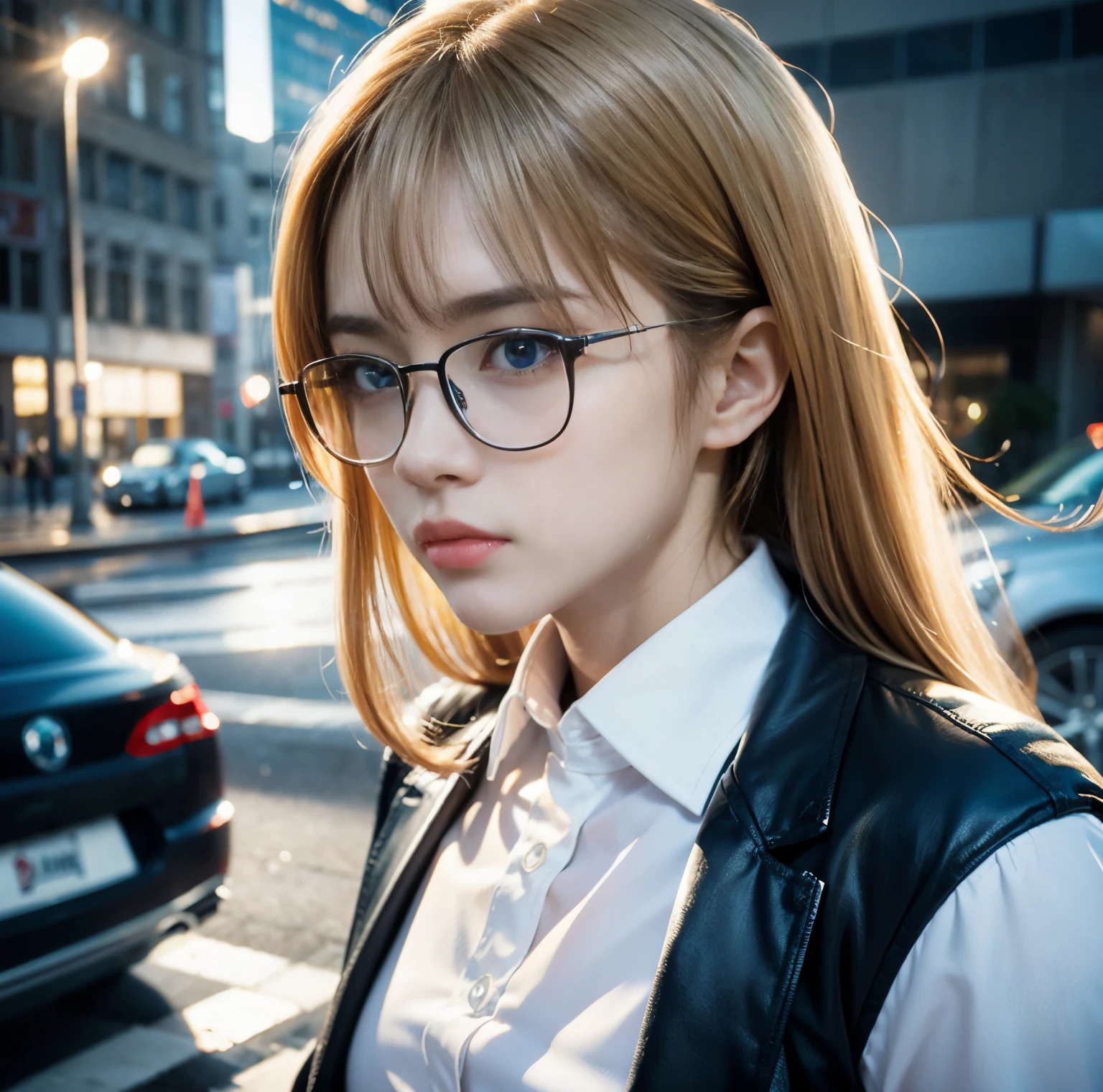 8K quality, pictures, Two beautiful men and beautiful women, (Beautiful like a goddess), in the city where the backlight of the intense sunset is dazzling, From the chest up, Red thin string ribbon tie on the collar, (Extra-fine silver glasses:1.2), (Brilliant, beautiful, bright blue eyes), (Blonde hair blowing in the wind), White Porcelain Whitening Skin, has bangs, Extra Large, Photograph, and look at the camera,