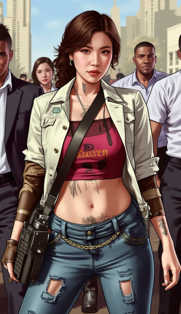 robert lesser, area 55, charismatic , open wide eyes, leopard skirt, illustration, noir fantasy, action scene, two woman, a police woman points her gun at a teenage thief, sad ending, thief with hands lifted, pulp art, sensual curves, cleavage, vagina exposed, agazapada, at night