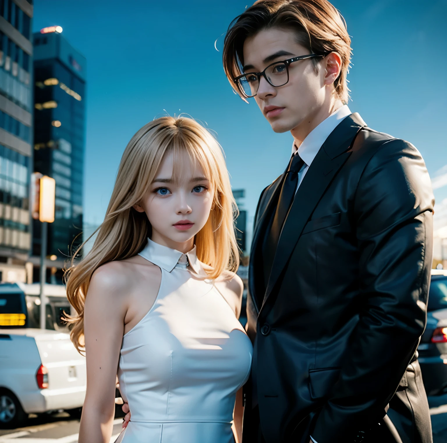 8K quality, pictures, Two beautiful men and beautiful women, (Beautiful like a goddess), in the city where the backlight of the intense sunset is dazzling, From the chest up, Red thin string ribbon tie on the collar, (Extra-fine silver glasses:1.2), (Brilliant, beautiful, bright blue eyes), (Blonde hair blowing in the wind), White Porcelain Whitening Skin, has bangs, Extra Large, Photograph, and look at the camera,