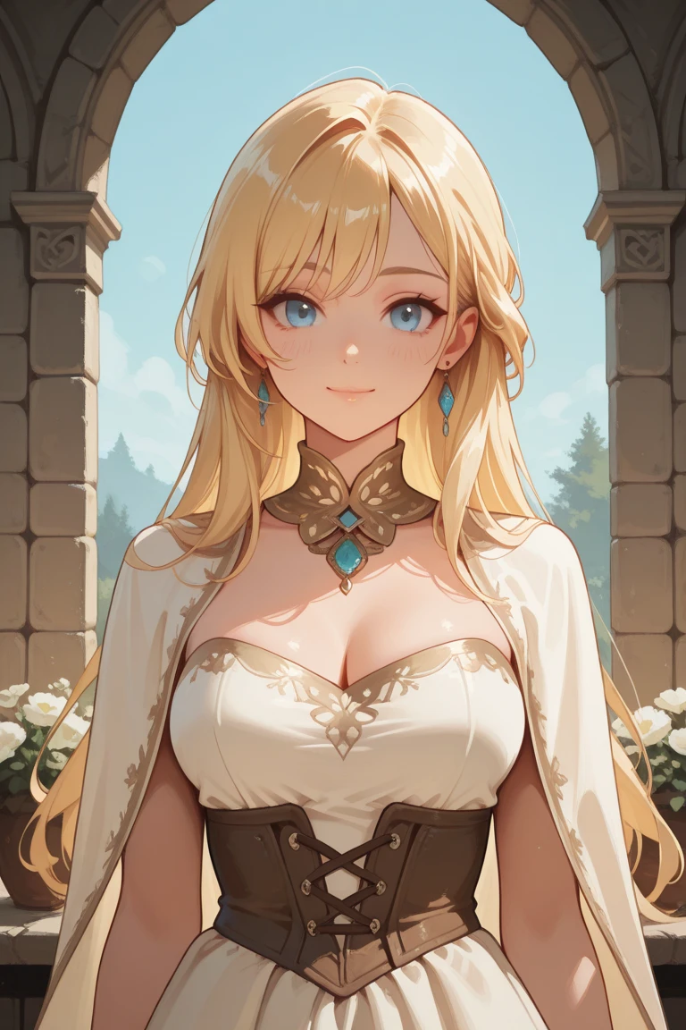 absurdres, [perfect shadows and lighting], detailed background, incredible high-key lighting, masterpiece, high quality, detailed, extremely detailed, ambient soft lighting, 4K, outdoors, next to farm, medieval castle in background, white shirt, collarbone, cleavage, bare shoulders, armbands, blue eyes, blonde hair, bangs, long hair, hairband, 1 girl, perfect eyes, perfect face, expressive eyes, perfect balance, looking at viewer, closed mouth, Colorful, (beautiful_face:1.2), (narrow waist), simple background