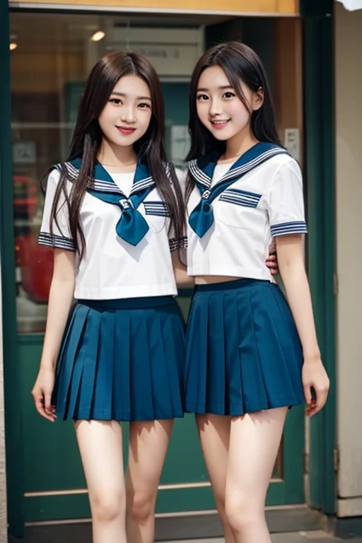 2 girls standing in Japanese railway station,short-sleeved white sailor leotard with navy blue skirt frills,red bow tie,school bags,18-year-old,bangs,a little smile,large bare thighs,knees,legs apart,short hair with low pigtails,from before,front light
