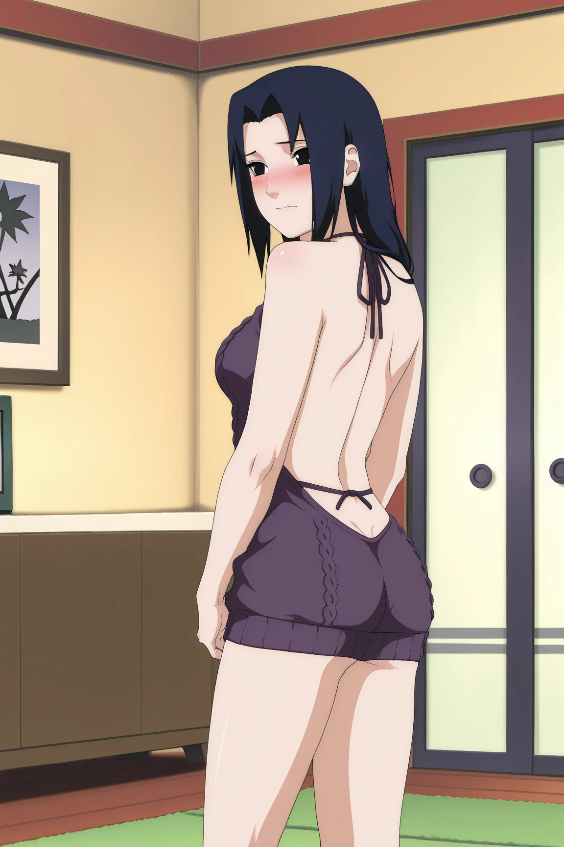 score_9, 1girl,solo, large breasts, (hinata, hyuuga hinata, purple eyes, blunt bangs, black hair) big breasts, perfect breasts, large breasts, round breasts, sexy body, slim waist, nice hips, skinny, nice thighs, short shorts, tiny shorts, micro shorts, black jean shorts, rear pov, back view, wearing short shorts, jean shorts, black bra, big ass, nice ass,