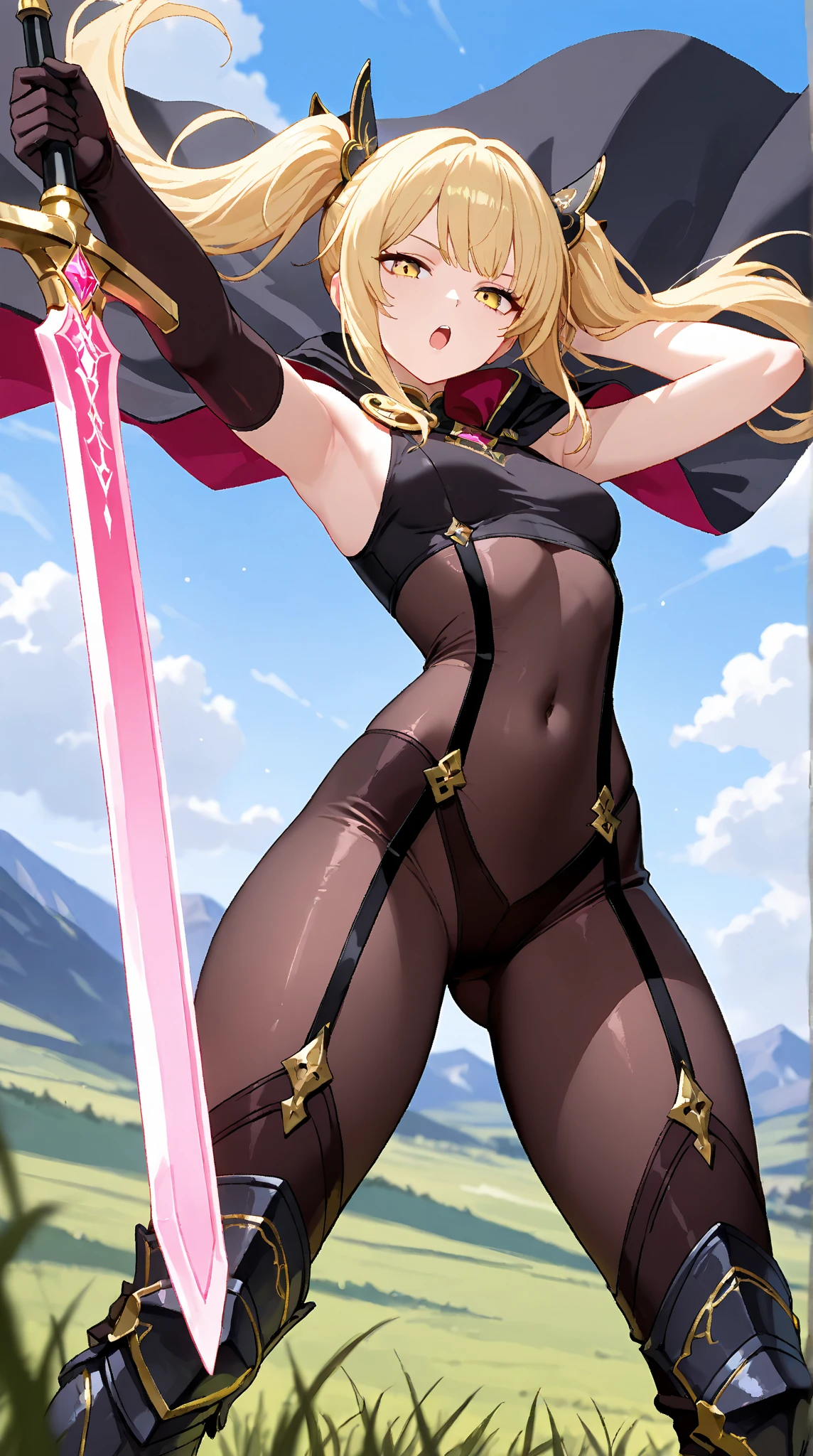 Blonde twin-tailed Japanese girl、Female Combatant、Close-up of a girl wearing a red tank top、Purple Skirt、White panties、Black fishnet stockings、Black shiny boots、Saiyan Girl, wonderful, Nano Girl, Female body type, Inspired by Hiromu Arakawa, Anime Manga Robot!! Anime Girls, Fubuki, Full Body Suit, by Hiromu Arakawa、wonderful, silk, Beautiful and attractive anime teen, Anime Girls of the future, tears,Drooling,Pee,Sweat,Tongue out,incontinence,Peeing、Estrus、Eyes wide open,Estrus,Blushing,Nipples are erect,Face is hot、Lust、incontinence、Armpit Hair、pubic hair、Nipples are erect、One sword and two cuts、Doomsday Demon、Red lips、Red tongue、Sticking out tongue、Her skirt is flipped up、Panty shot、White pantiesが見えている！、全身Sweatまみれ、wet