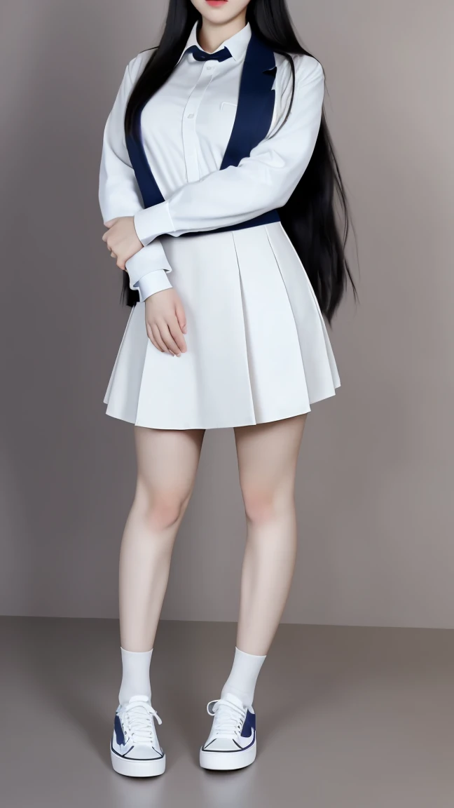 A woman wearing white knee-high socks、White T-shirt、White mini skirt、Japanese、Standing posture、The whole body is in it、Highest quality、Looking this way、20-year-old