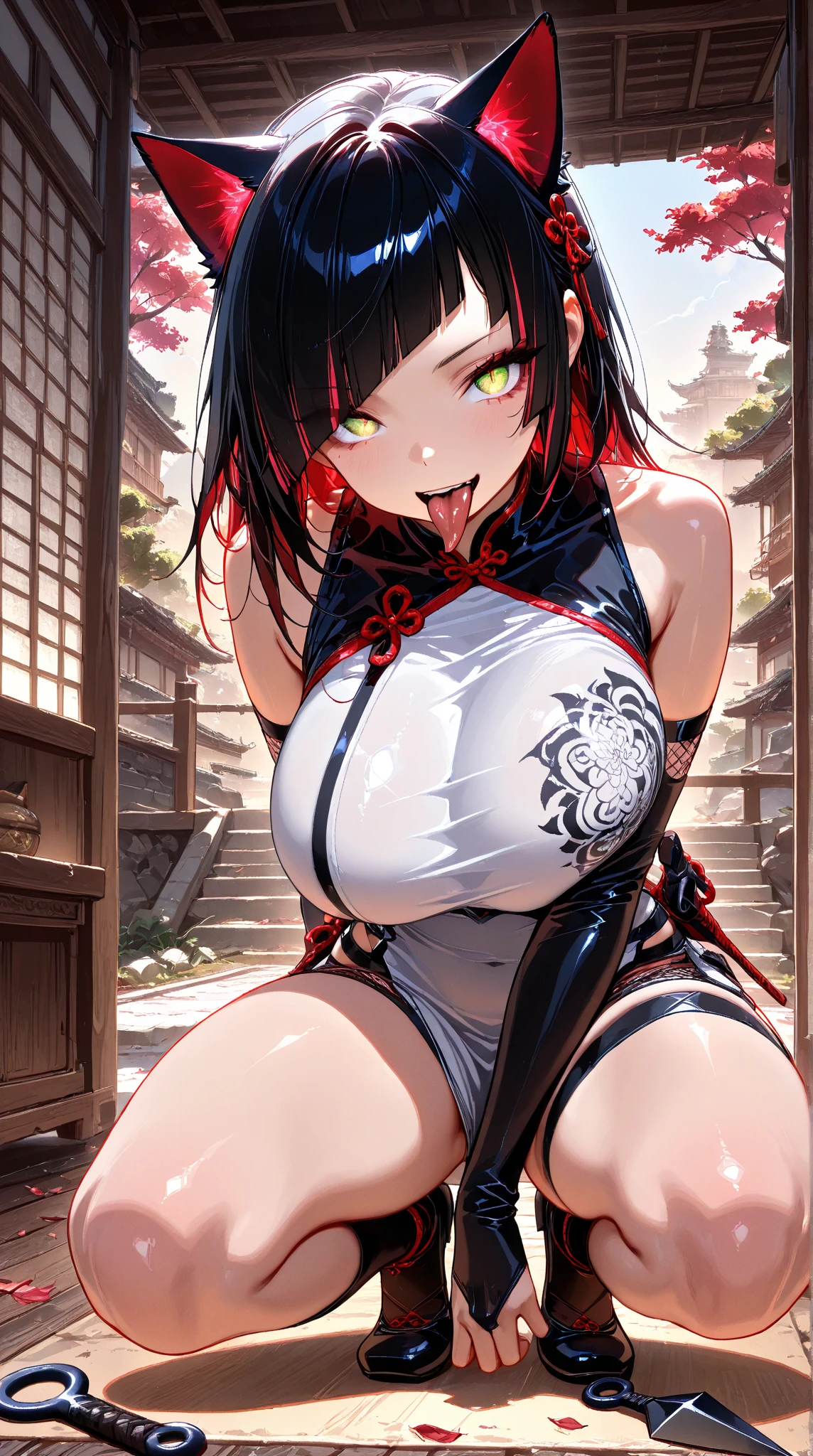 ((sexy tall japanese supermodel)) ((beautiful face)) (red lipstick) ((big bright eyes)) ((very long straight black hair)) ((pale skin)) ((very huge breast:1.5)) (perfect body:1.3) ((wears fantasy tiny strings red thong lingerie with flower ornament)) ((choker, black stocking, cosplay cat ears, fluffy cat tail)) ((sexy supermodel posing inside photo studio for camera photoshoot, fantasy decoration and light of reflector over her)) (high resolution, dynamic shadows)((photorealistic:1.5)) ((masterpiece:1.3)) (8k) (perfect face) (best quality) (perfect hands and eyes)