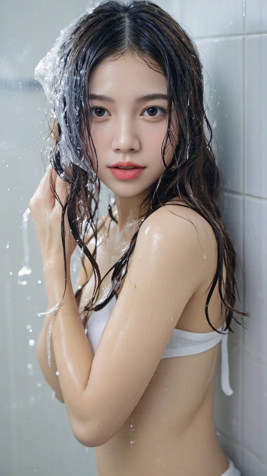 raw photo of beautiful female, looking at camera, centered portrait upper body, Japanese beauty, slim perfect face, natural look, playmate, straight hair, ((wet hair tied in a bun, supermodel, wet skin, blushing skin, blushing cheek, very very small bust:1.2)), closing eyes, feeling ecstasy, ((nude skin, in steam in bathroom:1.2))