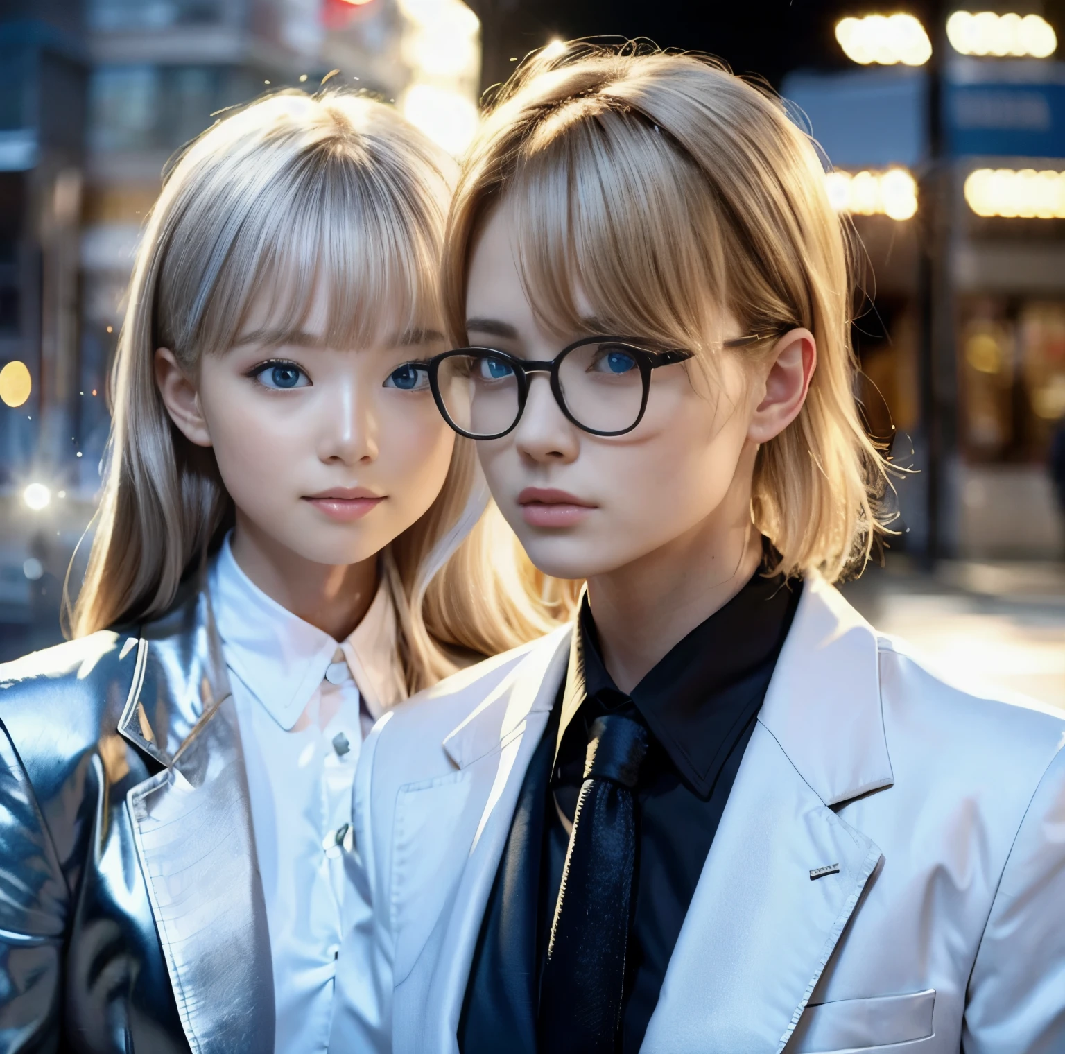 8K quality, pictures, Two beautiful men and beautiful women, (Beautiful like a goddess), in the city where the backlight of the intense sunset is dazzling, From the chest up, Red thin string ribbon tie on the collar, (Extra-fine silver glasses:1.2), (Brilliant, beautiful, bright blue eyes), (Blonde hair blowing in the wind), White Porcelain Whitening Skin, has bangs, Extra Large, Photograph, look at the camera,