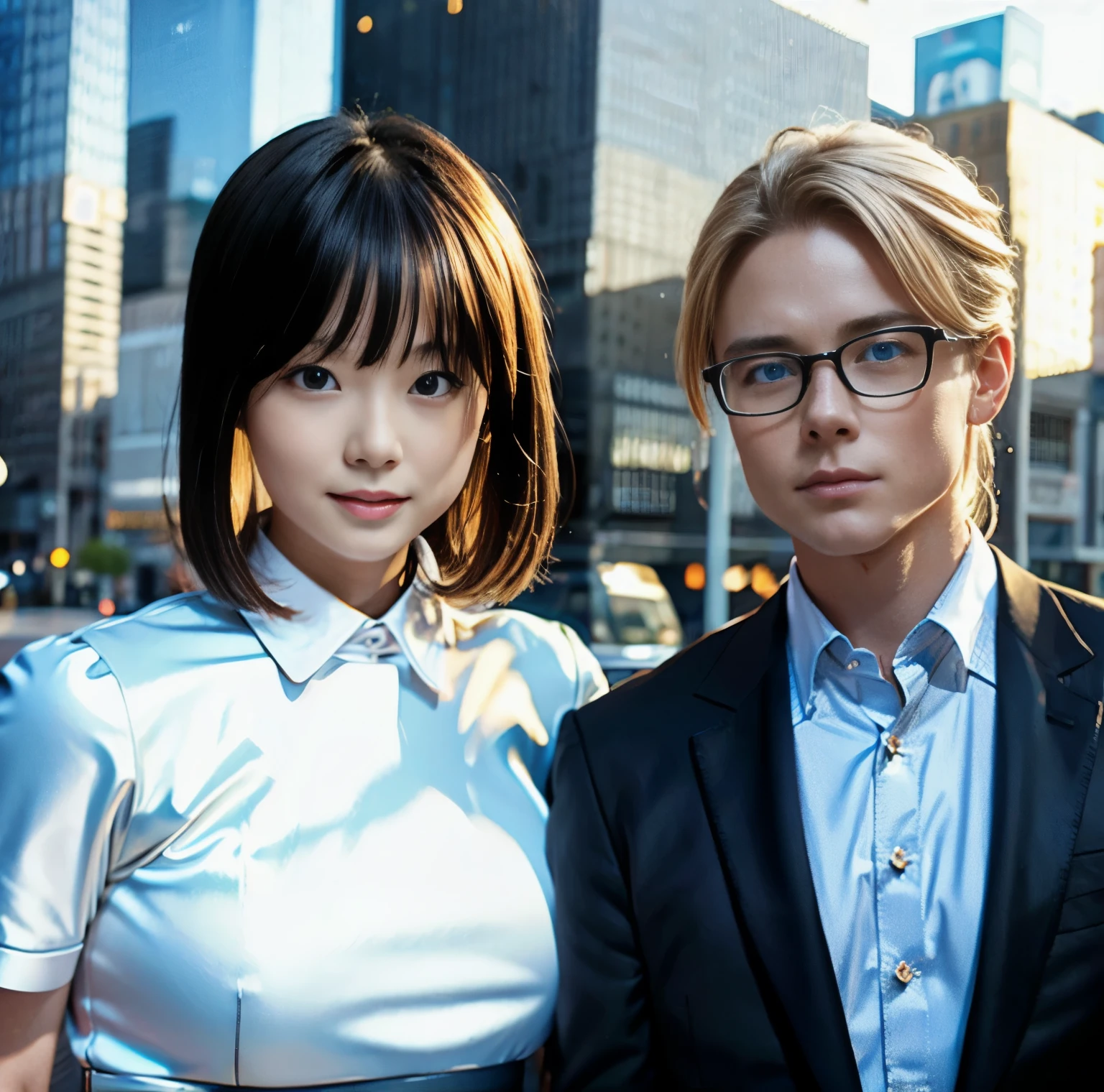8K quality, pictures, Two beautiful men and beautiful women, (Beautiful like a goddess), in the city where the backlight of the intense sunset is dazzling, From the chest up, Red thin string ribbon tie on the collar, (Extra-fine silver glasses:1.2), (Brilliant, beautiful, bright blue eyes), (Blonde hair blowing in the wind), White Porcelain Whitening Skin, has bangs, Extra Large, Photograph, and look at the camera,