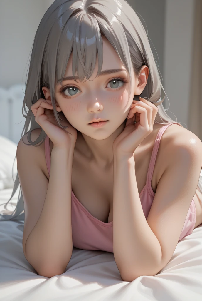 (Best Quality,High resolution,8K,finelity detailed background,Masterpiece:1.2),beautiful girl,Glossy romance gray hair,messy hair,Gray eyes,Gentle look,A refreshing look,Best quality,Best Quality,Aesthetic and aesthetic:1.2,Best details((Super detailed))(High-definition CG illustrations),Glamorous grey underwear (gray,intricate lace),Slender body,Daytime,Sunshine,Bedroom,On the bed,smile,blush,cute,Scrounge,Looking up,Being spoiled,super model,wariza,shoot from below