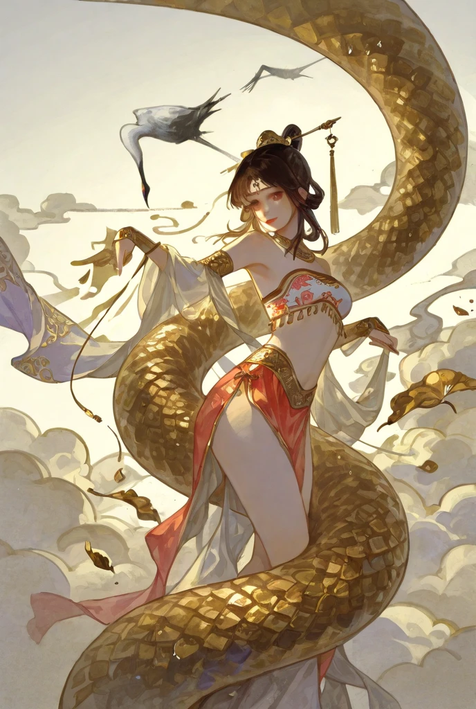 Female snail make-up day,She took to the skies,The sea water hadn't reached her ankles yet,(Side view),A Chinese dragon hovers in the air,((Chinese mythology)),high qulity,super-fine,Detailed pubic hair,Accurate,(tmasterpiece),Works of masters,(16K resolution),light and shadow effect,Layering effect,电影灯光,Ultra photo realsisim