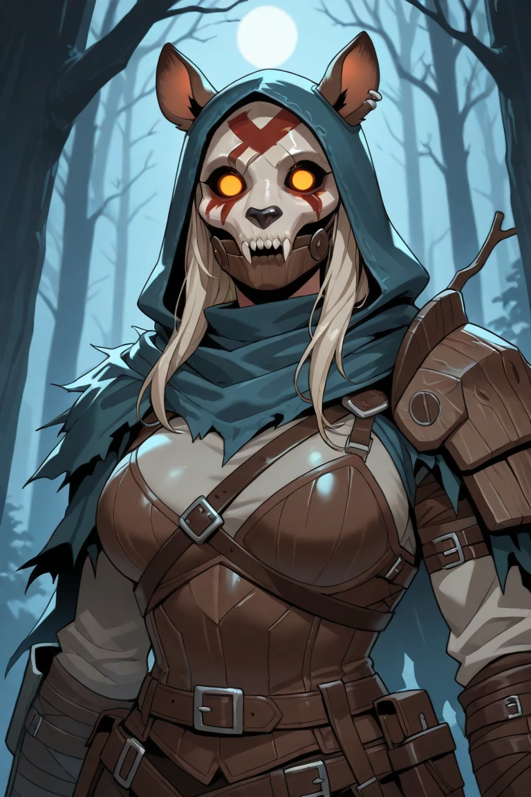 tHuntress, yellow eyes, bunny mask with rabbit ears, black cowl, from above, smile,
thAttire, suspenders, shirt ,pants, belt, gloves, midriff, cleavage, leaning forward,
woods, nighttime, old trees, standing,
(insanely detailed, beautiful detailed face, masterpiece, best quality) <lora:TheHuntress-10v4:0.7>
