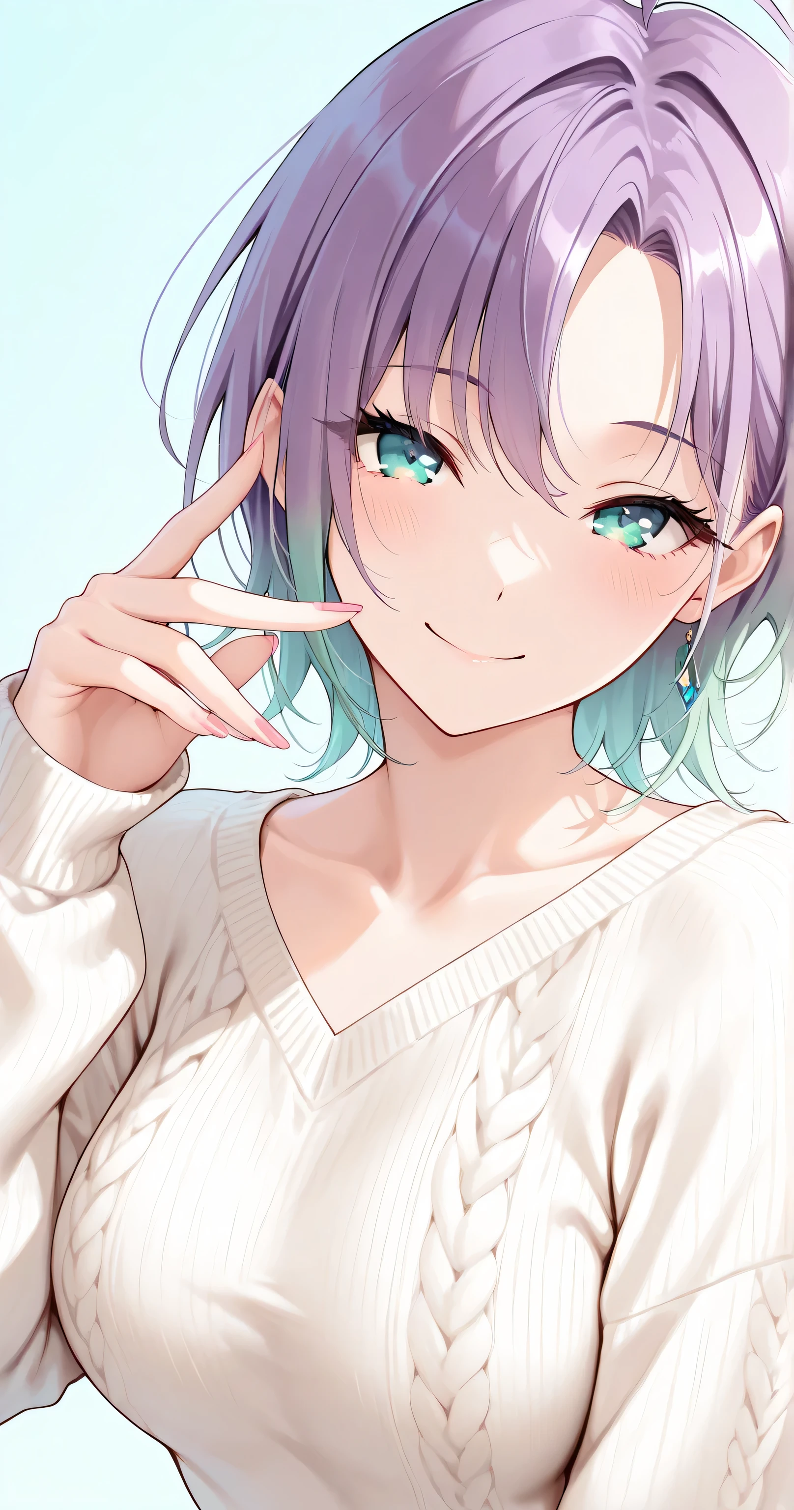 insanely detailed,  
She is beautiful,  
Cute anime-style girl(1.7),  
Toru Asakura, t_asakura,  
very aesthetic, absurdres, Alluring mystique, stunning clarity,  
sharp outlines, strong lineart, bold outlines, confident inking, crisp edges, high contrast line shading,  
crisp outlines, clear lines, rich harmonized colors,  
Cell-shaded style with vibrant, harmonized colors, highly detailed,  
bold yet delicate lines,  

Sharp focus(1.3), clear lines, crisp outlines, harmonized colors,  
sharp focus on eyes and facial details, aqua eyes, ultra-detailed eye contours(1.3), intricate iris patterns(1.3),  
beautiful eyes, clear eyes, detailed irises, gentle shading, exquisite eyelashes, long eyelashes, delicate eyelash highlights,  
ahoge, gradient hair, light purple hair, silky smooth hair, delicate strands,  
slender body, slim and curvaceous figure, shapely legs,  
medium breasts, soft and natural, beautiful clavicle,  
flawless porcelain-like skin, dewy radiance,  
soft ambient lighting,  
gradient blue background,  
1girl, solo, no additional characters,  
Masterpiece, best quality, ultra-detailed, 8k resolution, vibrant, high contrast, newest,  
Perfect anatomy, visible fingernails(1.3), no tattoos or symbols on face(1.9),  
head tilt, 
exceptional smile , looking at viewer,  [closed eyes: (narrowed eyes:1.1), bewitching grace],
face shot, front view, extreme close-up view,  
perfect anatomy, 
{loose spring knit}, {light sweater}, {cotton construction}, {pastel color}, {spring palette},
Highly detailed face, refined body, flawless skin.
