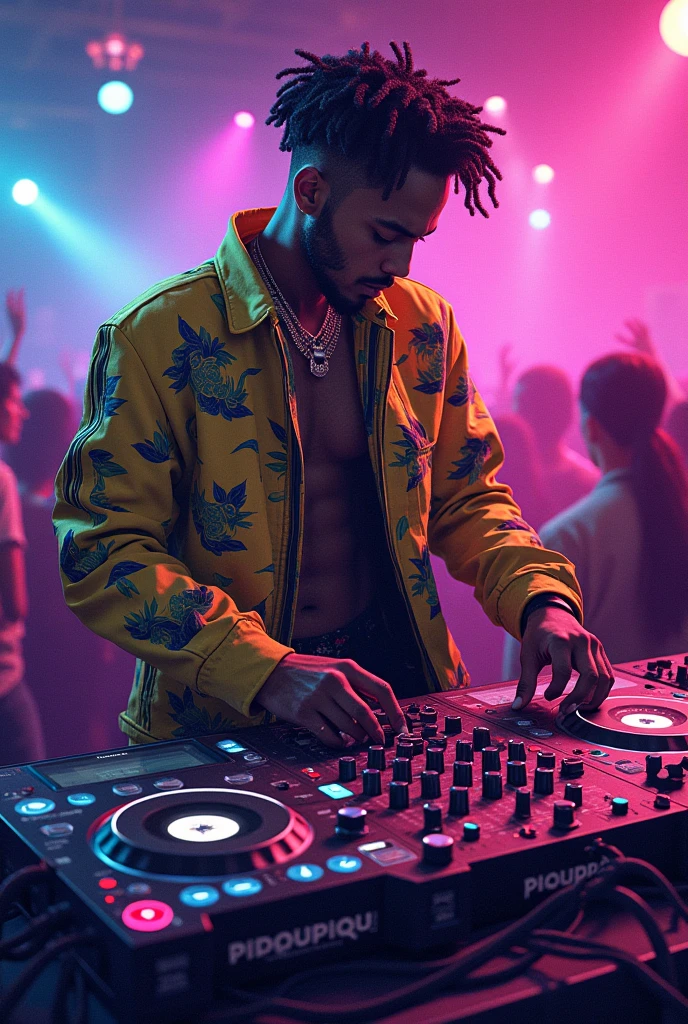 Dancehall party with many different dancing very happy people. A DJ.