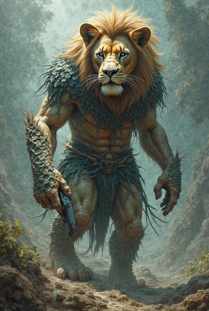 Young handsome goat-legged satyr guy with a naked torso and brown fur on his legs, With golden hooves. He has black eyes, long yellow hair, fluttering in the wind, Sideways bangs. He has a lowered bow with an arrow. Next to him, a kind jaguar. Background impenetrable jungle.
