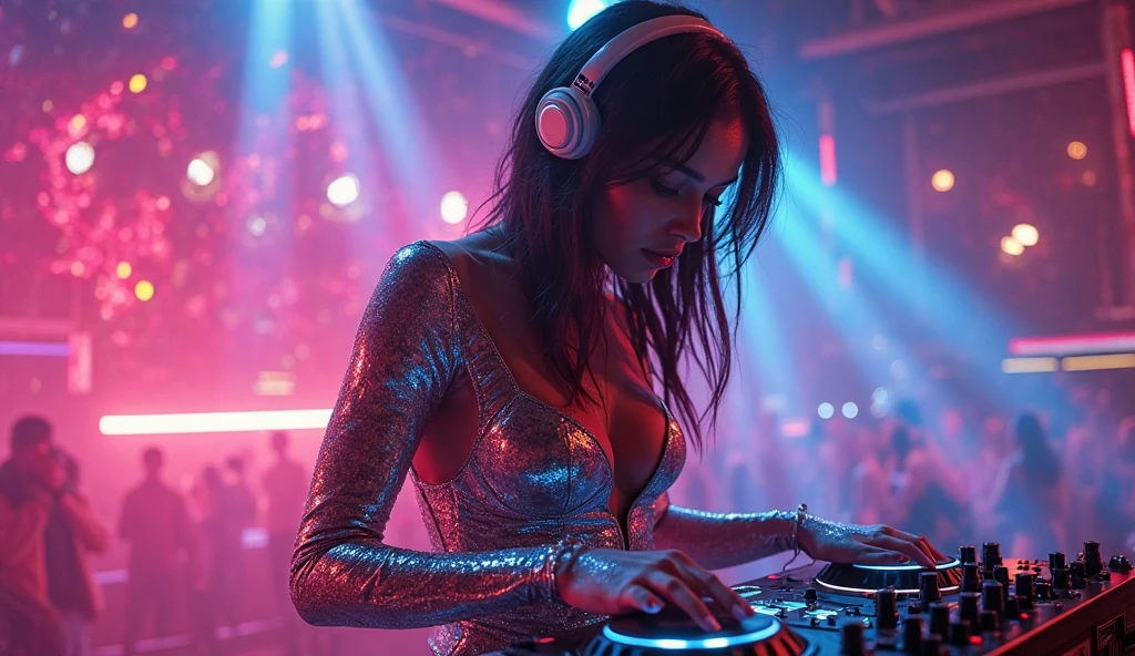 (best quality,4k,8k,highres,masterpiece:1.2),ultra-detailed,(realistic,photorealistic,photo-realistic:1.37),vibrant colors,electronic music background,full color,photo,poster,fashion,abstract design,modern style,dynamic energy,energetic atmosphere,striking visual effects,pulsating rhythm,creative visuals,stylish composition,glowing lights,futuristic elements,technological elements,synthesizer,turntables,CDJs,headphones,neon lights,glittering disco ball,dancing crowd,stylishly dressed models,(((black sunglasses))),eclectic fashion choices,colorful patterns,shimmering fabrics,sharp lines,mirror reflections,playful poses,dynamic movement,dynamic light and shadow,dazzling visual spectacle,artistic expression,electric ambiance,multimedia experience