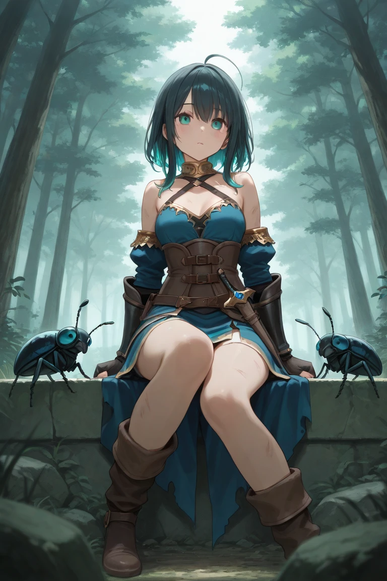最high quality、high quality、Simple Cloth Armor、１０Year-old girl adventurer、Descend the maze stairs、Shorts、Equipped with a dagger and a shield、In a dark maze、The body is being swallowed by slime