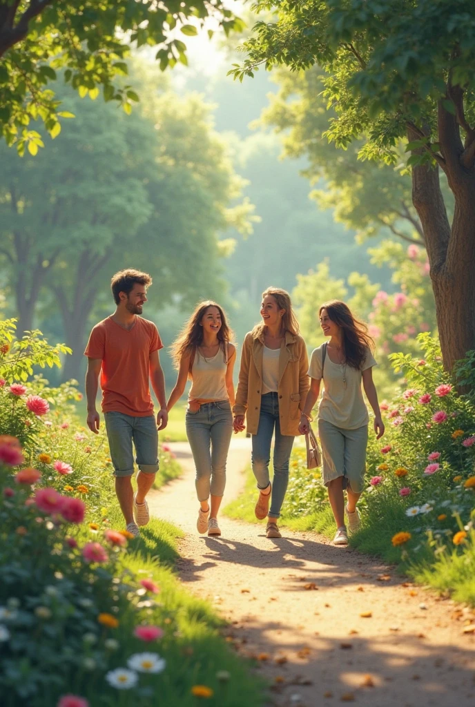 A happy family walking and eating dark purple acai in tall plastic cups, a tall, thin man with white skin, a short woman with dark brown skin, a child with light brown skin, in a flowery park, a beautiful scenery.