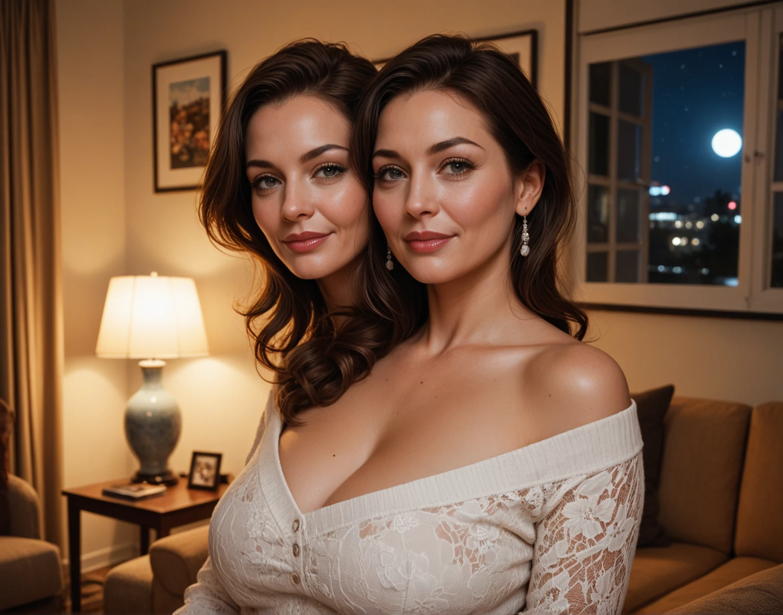 (((2heads))),Very beautiful 45 year old woman that looks like Kathryn hahn next to 45 year old woman that looks like an instagram bimbo, (masutepiece:1.3), (8K, Photorealistic, Raw photo, Best Quality:1.4), Sharp Focus:1.2, A beautiful woman with medium build body:1.4, ((Layered Haircut)), (((Huge breasts ))), (Wearing purple low cut blouse , velvet short skirt,), Highly detailed face, Detailed eyes, Realistic eyes, Beautiful detailed eyes, (Realistic skin), high resolution, A hyper-realistic, Highly detailed, (detaled face:1.2), Looking to her side, slight smile, full body shot,, ( beautiful light eyes, Gorgeous light brown short wavy hair, gorgeous dirty long blonde hair,pale White skin , at an outdoor party at sunset in the Arizona desert, ((From high-angle shots)), eyes looked to side:1.3), ,(((big bulge)))