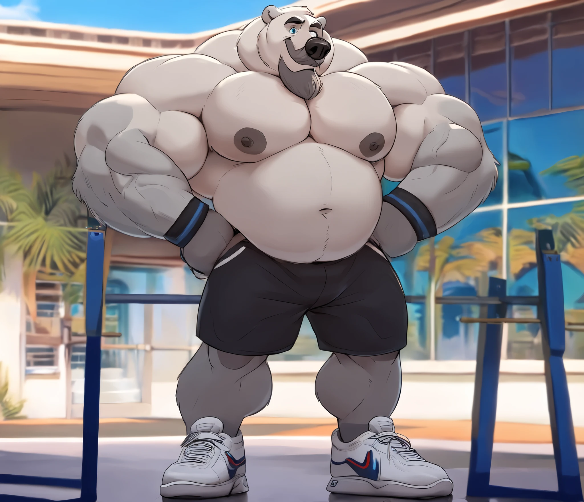 huge muscular polar bear in gym front building, big hulking flex, grunting smirk, polar bear, huge white fur, thick arm, huge arm, added thick colored gray mustache, added thick colored grey beard. Short white hair, (veiny muscular, pectoral, wide pectoral, thick arms), gym building, palm, Disney, 8k, masterpiece, gray eyebrows added, detailed eyes with blue pupils, (wearing black gym shorts, wristband, shirtless, topless, half naked and white gym shoes), hands on hips