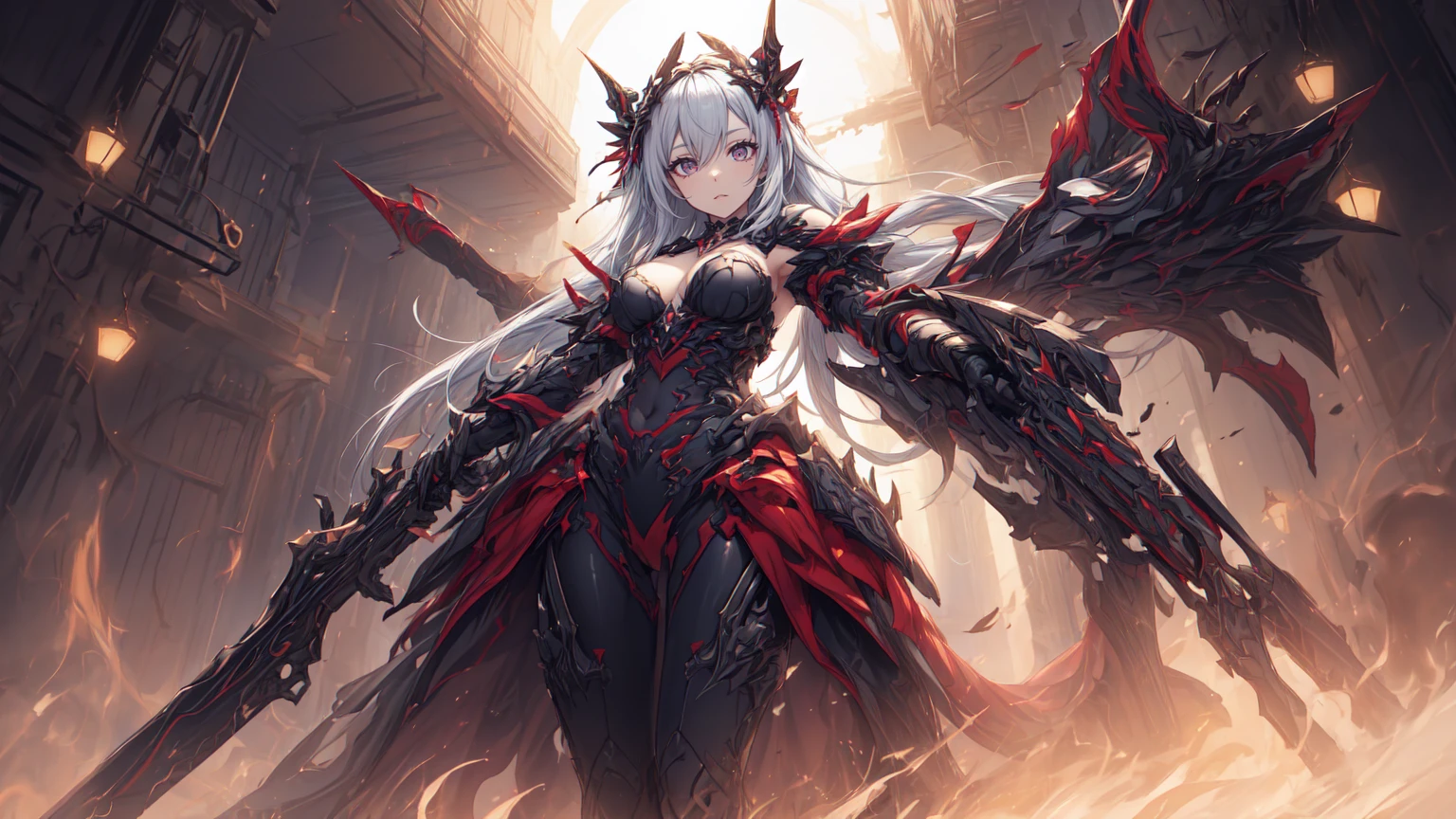 1girl, horror, dark elf princess, elden ring, (dark grey skin:1.5), true white long ponytail, ((perfect red eyes)), elf ears, earrings, angry expression, highly detailed mechanical horns, (small breasts), ((black gothic prom dress)), wearing black fur cloak, bone armor, skull armor, volumetric lighting, ethereal fog, dark background, ultrasharp, best quality, masterpiece, realistic, anatomically correct, (strong cinematic lighting), ((rim lighting)), stunning details, intricate details, 8k post-production, high resolution, super details, sharp focus, depth of field f/1.8, studio photos, (((looking at camera)))