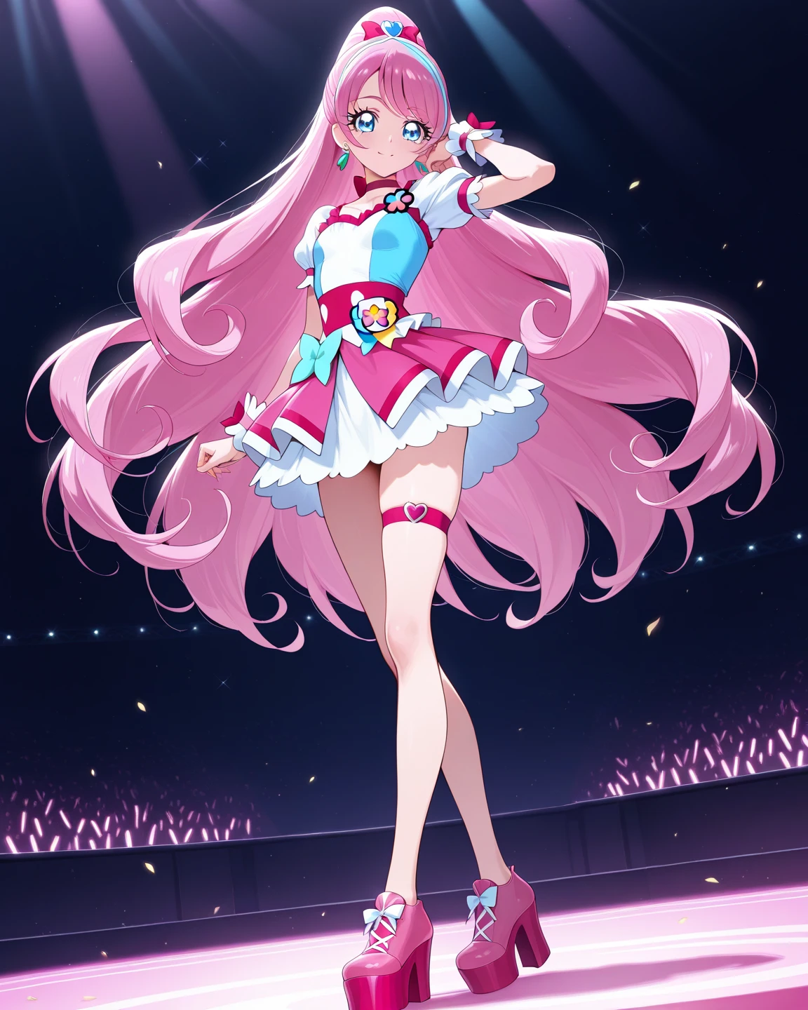 Barbie, ((full body)), blue eyes, smiling face, loose hair moved by the wind, hip hop singer pose, dressed in hip hop style, with pink t-shirt, ((hands modern microphone)), wears a pink bow on her arm, fashion, extremely high quality, high details, 8k, 64k, clean background, in studio, ((full body shot)),