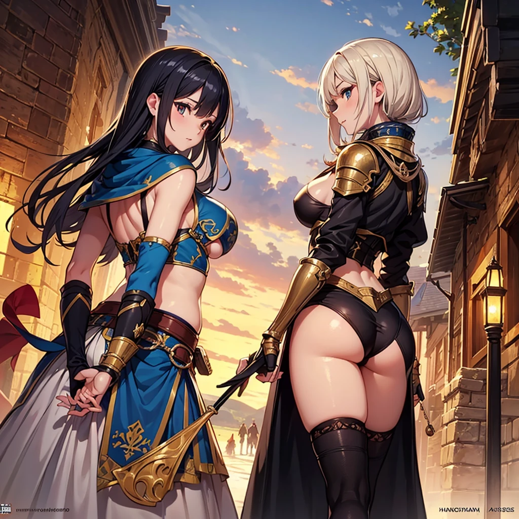 a group of pretty Greek warriors looking from behind, showing their butts in a flirtatious way, smiling , muscular girl , small breast , marked abdomen,