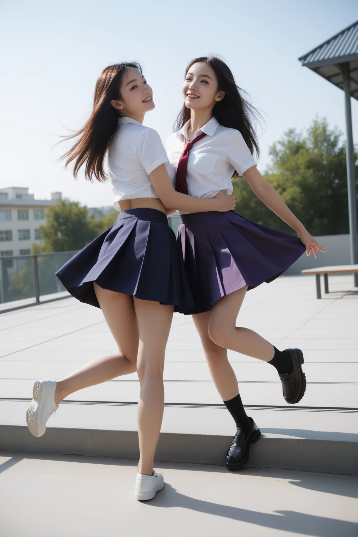 NSFW, 18K, photographrealistic, , Twin-tailed , ((Blunt bangs)), masutepiece, 8K, Best Quality, 超A high resolution, absurderes, (photographrealistic:1.4)(((masutepiece))), (((Best Quality))), ((Ultra-detailed)), (3 girls), Full body, (Loose socks) espadrilles,(pureerosface_v1:0.4), (European Preteen:1.7), (Japan Preteen:0.6), (age 18, Pretty girl:1.3),High Nose, Slim body, Slender girl, (Detailed middle bust), Slim thighs, Slim legs, small hip, detailed clothes, Standing, Detailed wet buttocks, Detailed wet hips, Detailed wet feet, ((from the front side, From below, focus front, Focus Panties, Focus Leg)), (From below:1.8) (Wearing a tight white t-shirt, Tight navy bloomers),sideline,Perfect bloomers, Detailed bloomers, On the tracks of the playground of an elementary school, ((Three girls doing a stretch)) Best Quality, Realistic, 超A high resolution, photographrealistic, japanese slim, Smile, Line, ,Z1L4