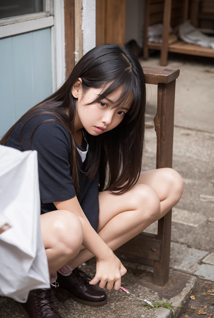 Move the center of gravity back, pretty embarrassing、witheout panties、Thin leg、tight skirtsheels on the ground、hands in front of feet、Hugging legs、Knelt、walkway、RAW Photography、8K、top-quality、 超A high resolution、Beautiful face in every detail、Realistic human skin、Gentle expression、front-facing view、angle from bellow、length hair、realisitic、Photorealsitic、cute little、、Squatting deep in the city、cute school girl、surreal high school girl、full bodyesbian, facing camera, widely open your legs