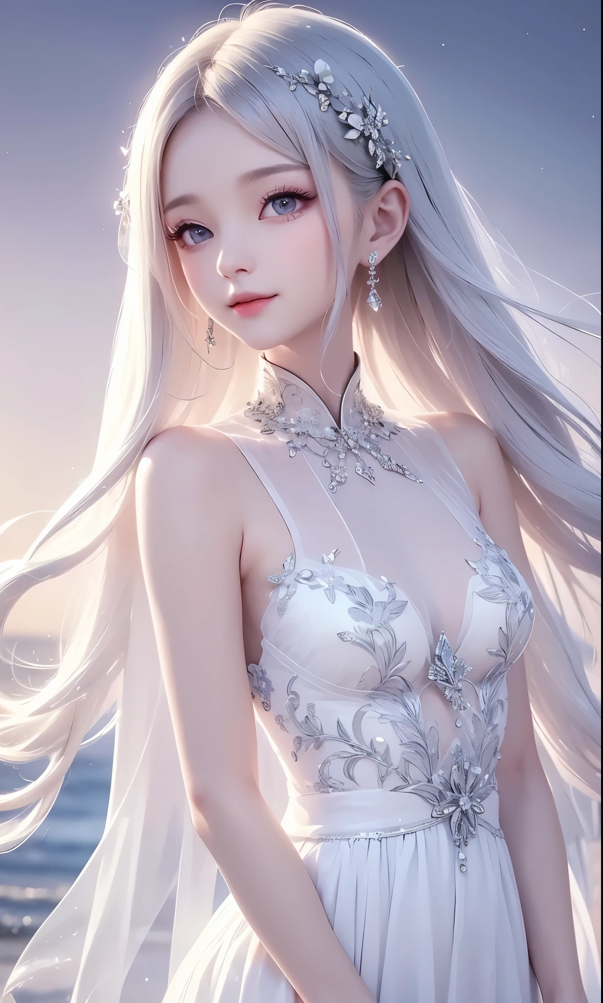 (masterpiece),(4K),High Quality,(small breasts),one girl、Sexy Saint , Long Silver Hair ,pale skin,smile, beautifully detailed grey eyes, ( high-definition and elegant ),( white cape let fashion), Magical Color and Atmosphere, detailed skin from sleeve to chest,(Cute sparkle), light particles,The background is a natural rosy shade,Add a dramatic and iconic element to your scene, description boundary depth, Bokeh, feels silky, see-through silk, soft, lightweight garment、beautiful and neat face、see-through 、 hyper details,creates a dreamy and elegant atmosphere,ruins
