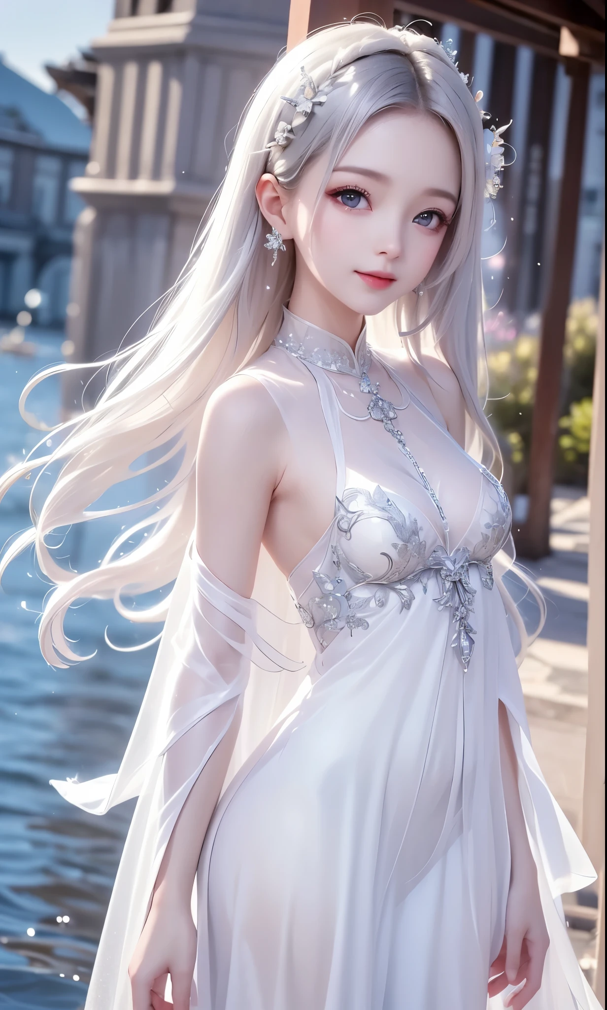 (masterpiece),(4K),High Quality,(small breasts),one girl、Sexy Saint , Long Silver Hair ,pale skin,smile, beautifully detailed grey eyes, ( high-definition and elegant ),( white cape let fashion), Magical Color and Atmosphere, detailed skin from sleeve to chest,(Cute sparkle), light particles,The background is a natural rosy shade,Add a dramatic and iconic element to your scene, description boundary depth, Bokeh, feels silky, see-through silk, soft, lightweight garment、beautiful and neat face、see-through 、 hyper details,creates a dreamy and elegant atmosphere,ruins