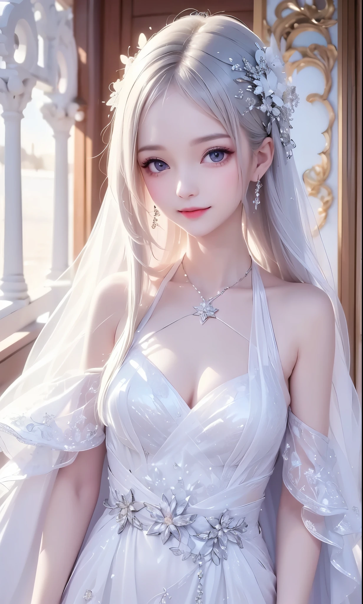 (masterpiece),(4K),High Quality,(small breasts),one girl、Sexy Saint , Long Silver Hair ,pale skin,smile, beautifully detailed grey eyes, ( high-definition and elegant ),( white cape let fashion), Magical Color and Atmosphere, detailed skin from sleeve to chest,(Cute sparkle), light particles,The background is a natural rosy shade,Add a dramatic and iconic element to your scene, description boundary depth, Bokeh, feels silky, see-through silk, soft, lightweight garment、beautiful and neat face、see-through 、 hyper details,creates a dreamy and elegant atmosphere,ruins