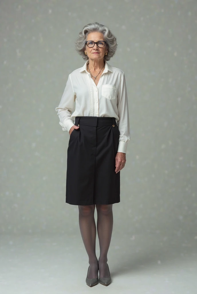 Old woman with turquoise blouse, black pants and brown ballet flats