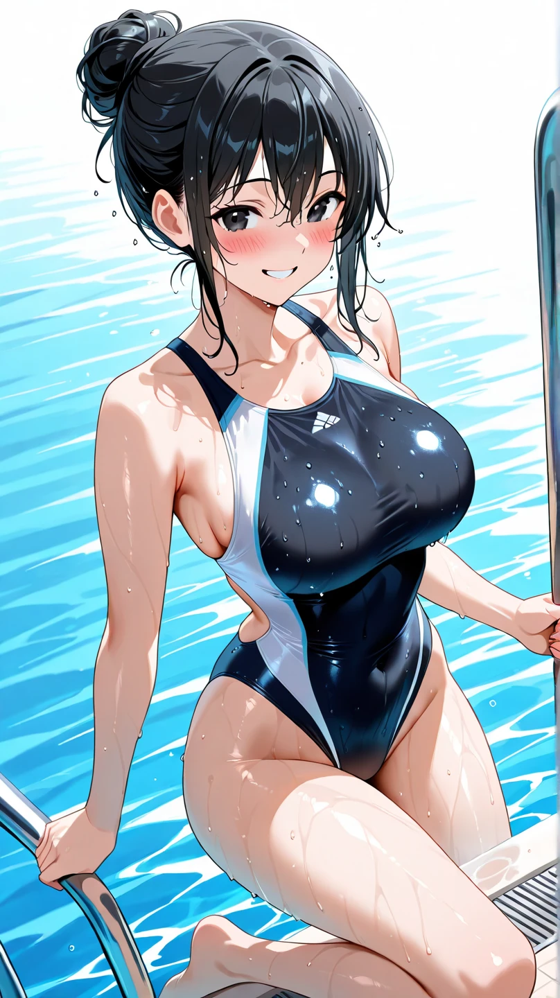 Highest quality, shape, Very detailed, In detail, High resolution, 8k wallpaper, Perfect dynamic composition, Beautiful details, Center of chest, Natural color lip, Random sexy poses,smile,20-year-old girl,Huge ,A woman with short curly brown hair wearing a color-blocked one-piece swimsuit