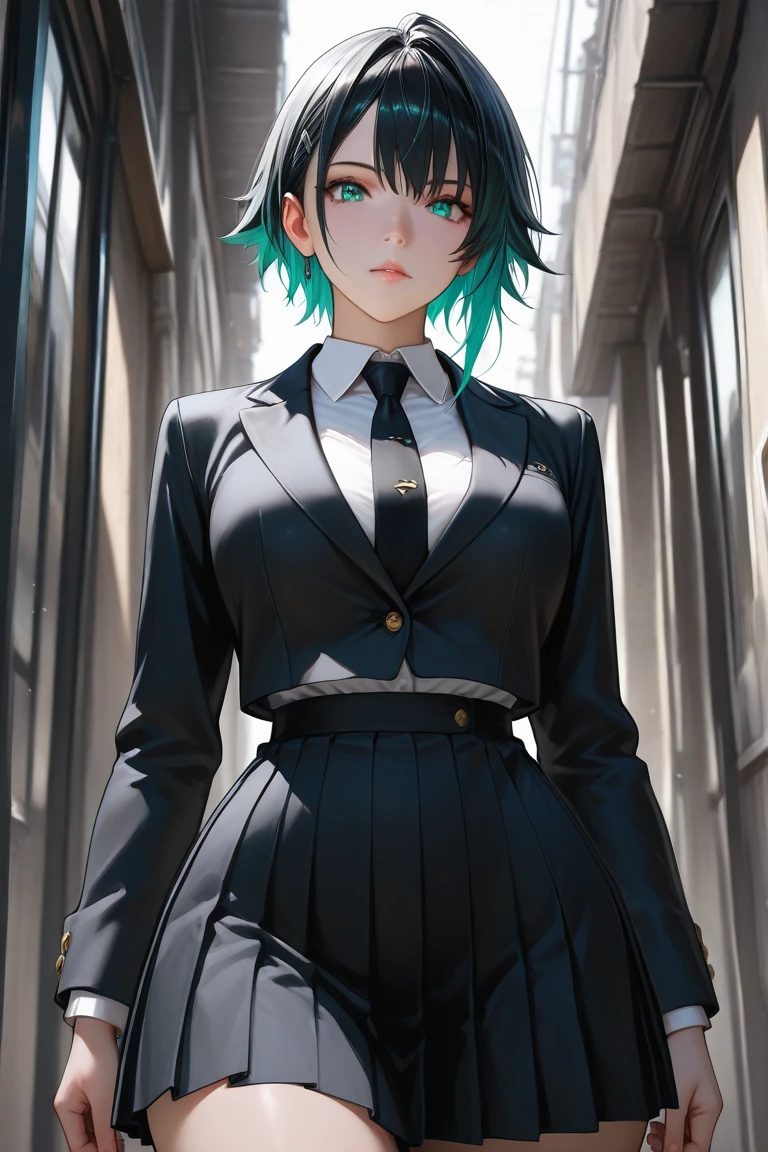 (masterpiece:1.2, best quality:1.2), absurdres:1.2, depth of field:1.3, perfect lighting, cinematic shadows, (((((dark skin))))), (((black uniform))), ((flat chest)), (black skirt), (black choker), ((thighs)), jewelry, (((smile))), closed mouth, red eyeliner, (scarred), ((looking at viewer)), earrings, green eyes, (short hair), (((long sidelocks))), ((short hair with long locks)), ((green hair)), (gradient hair), red hair, ((ballroom, skyscrapers in background, window, night, fancy room, chandelier, realistic background)), <lora:more_details:0.45>, <lora:NSFWFilter:-1>