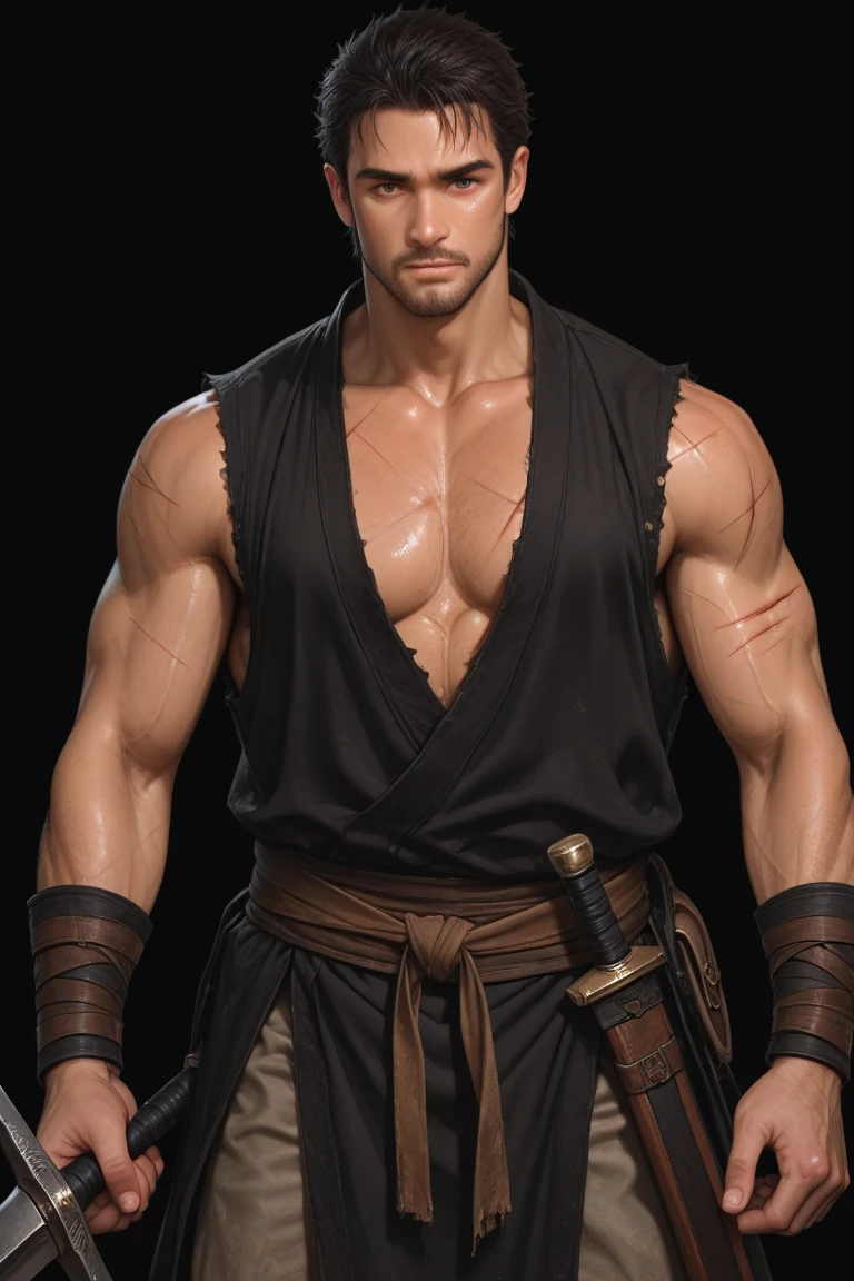 disconsolate,Ambient,artistic conception,large scene,The wind blew up the white curtains,Dattain lamps,Diffuse light,chest muscle,Shirtless, stubbles, Sideburns, musculature, Strong handsome korean guy, a golden statue of handsome men god , multiple hands holding some weapons, , Hanfu,Golden blue、Jing Qing Moqing、jackson wang, Plain cherry blue,Junyi,Dignified atmosphere,Temperament,Short hair, Flat-headed beautiful man,The light is gentle,The scene comes to life