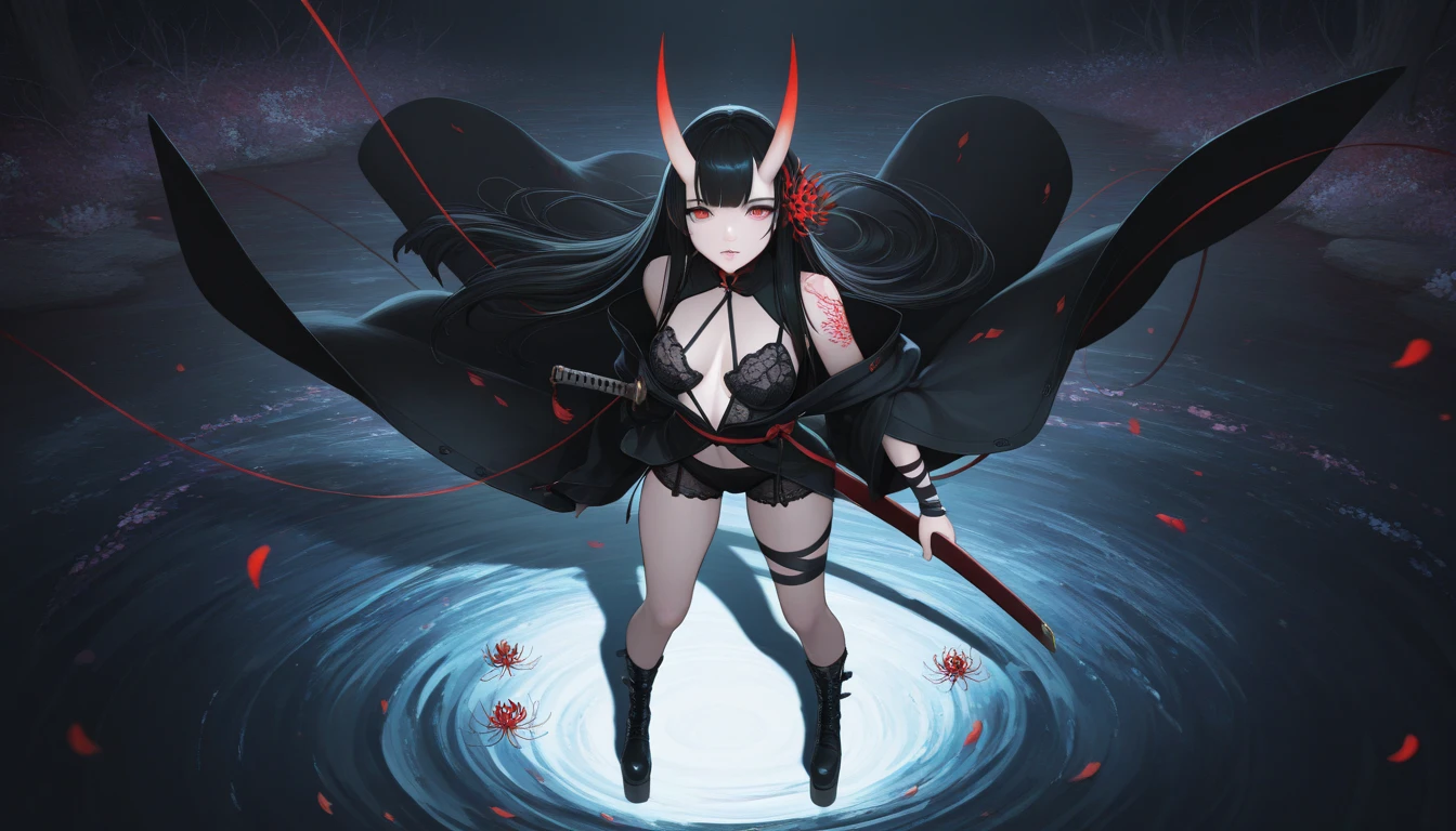 Black short-haired girl with doll head and flat chest,Demon horn,kimono,thigh,swimming briefs,Standing
