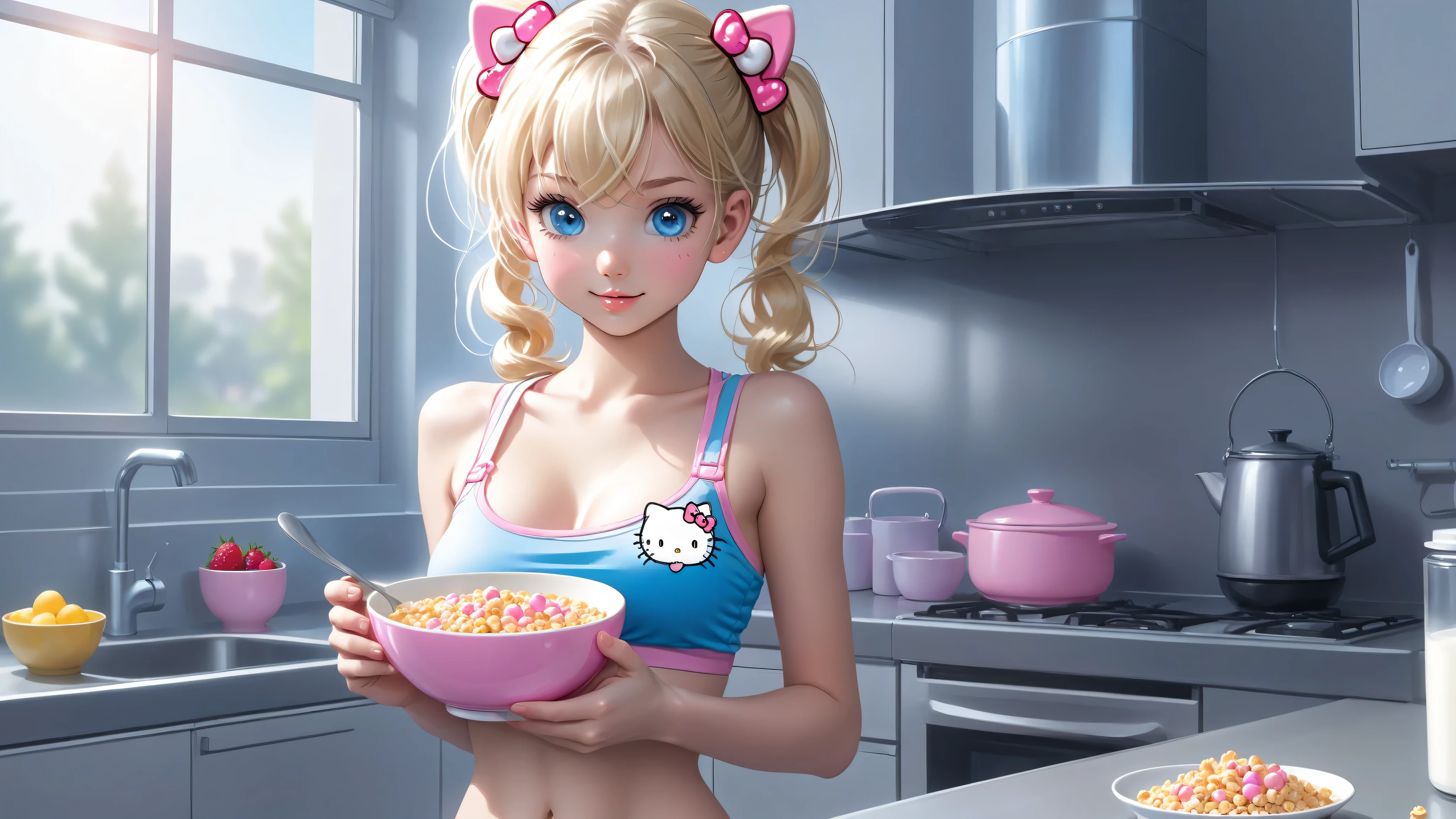 cute, baby faced, 18 year old girl, (European) very fit, ((hard nipples)), skinny, sexy, blue eyes with blond pigtails, holding a bowl of cereal, a little milk on her lip and dripping onto her breast, In small pink hello kitty panties and a really big bouncy gray crop top, cleavage, in a modern kitchen with the morning sun shining in,