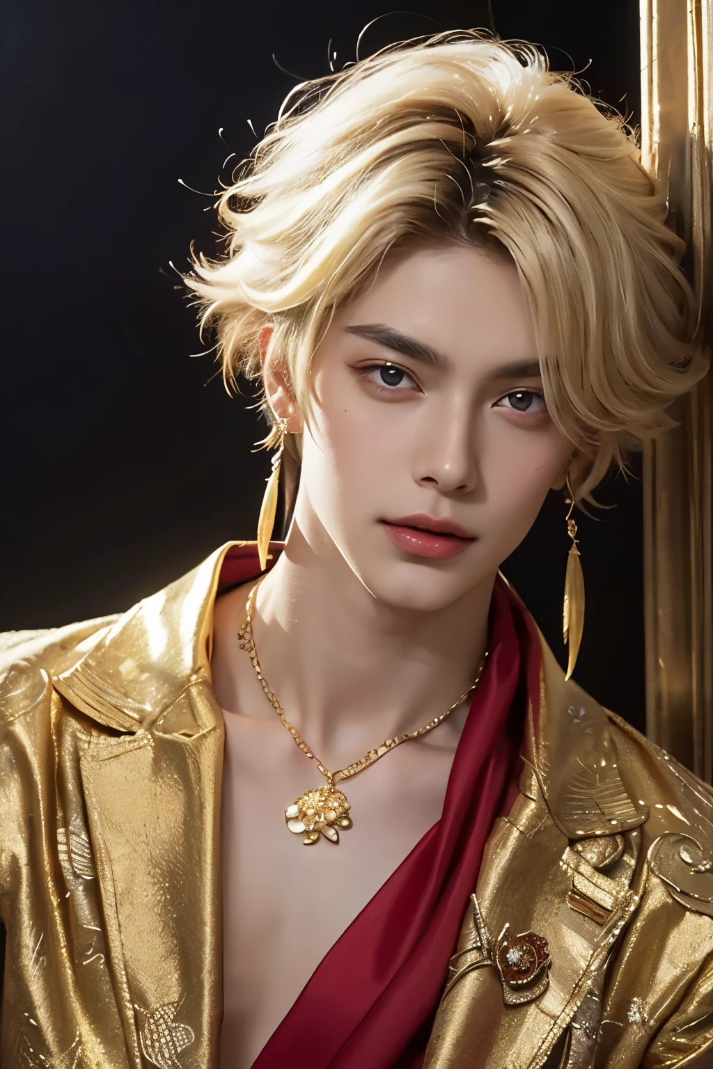 Prince Hanging Eyed with a very big golden eye((The blond prince with golden hanging eyes))A beautiful man with a very thin, smooth chin((前髪とspiral comma bang gold hair))Is Prince Smirk the most beautiful boy((A very, very large golden hanging eye))Look at Viewer(beautiful, smooth, silky skin1The person is a 25-year-old prince)Very Luxurious Large Necklaces、very luxurious large red gemstone earrings(from above)Accurate and beautiful face ((red aristocrat fantasy costume with a gorgeous, detailed pattern))Very Luxurious Bangles(An aristocrat prince who closes his mouth)dynamic pose