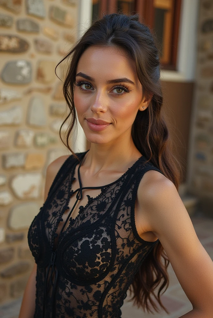 Jeune femme de 25 ans, visage fin, cheveux long, yeux marrons, HD, 8K, masterpiece, sourire romantique, sexy, tenue de flamenco, mascara noir, robe rouge et noire, jupons, robe en tissu et en dentelle, tissu rouge et noir, dans uen ruelle espagnole, de nuit,
