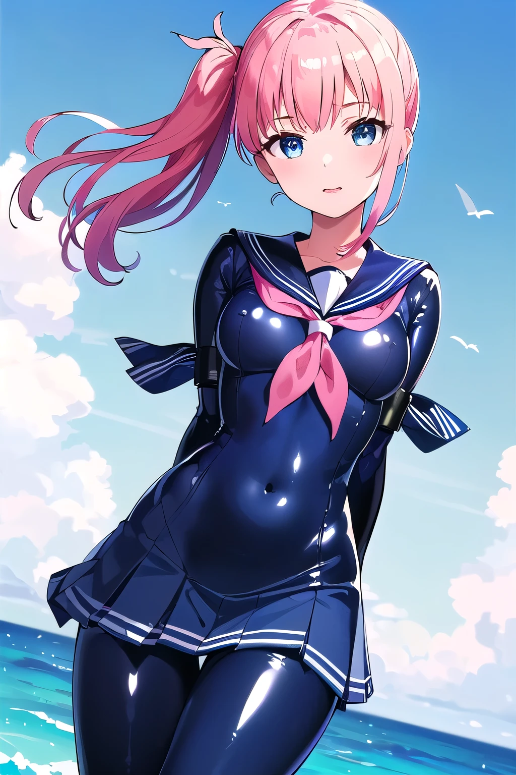 best quality, masterpiece, highres, solo, {i_58_kantaicollection:1.15}, short_hair, pink_hair, hair_ornament, ahoge, pink_eyes, serafuku, swimsuit, blush, school_swimsuit, one-piece_swimsuit, red_eyes, 1girl, looking_at_viewer, neckerchief, sailor_collar, school_uniform, simple_background, swimsuit_under_clothes, white_background, blue_one-piece_swimsuit, blue_sailor_collar, open_mouth