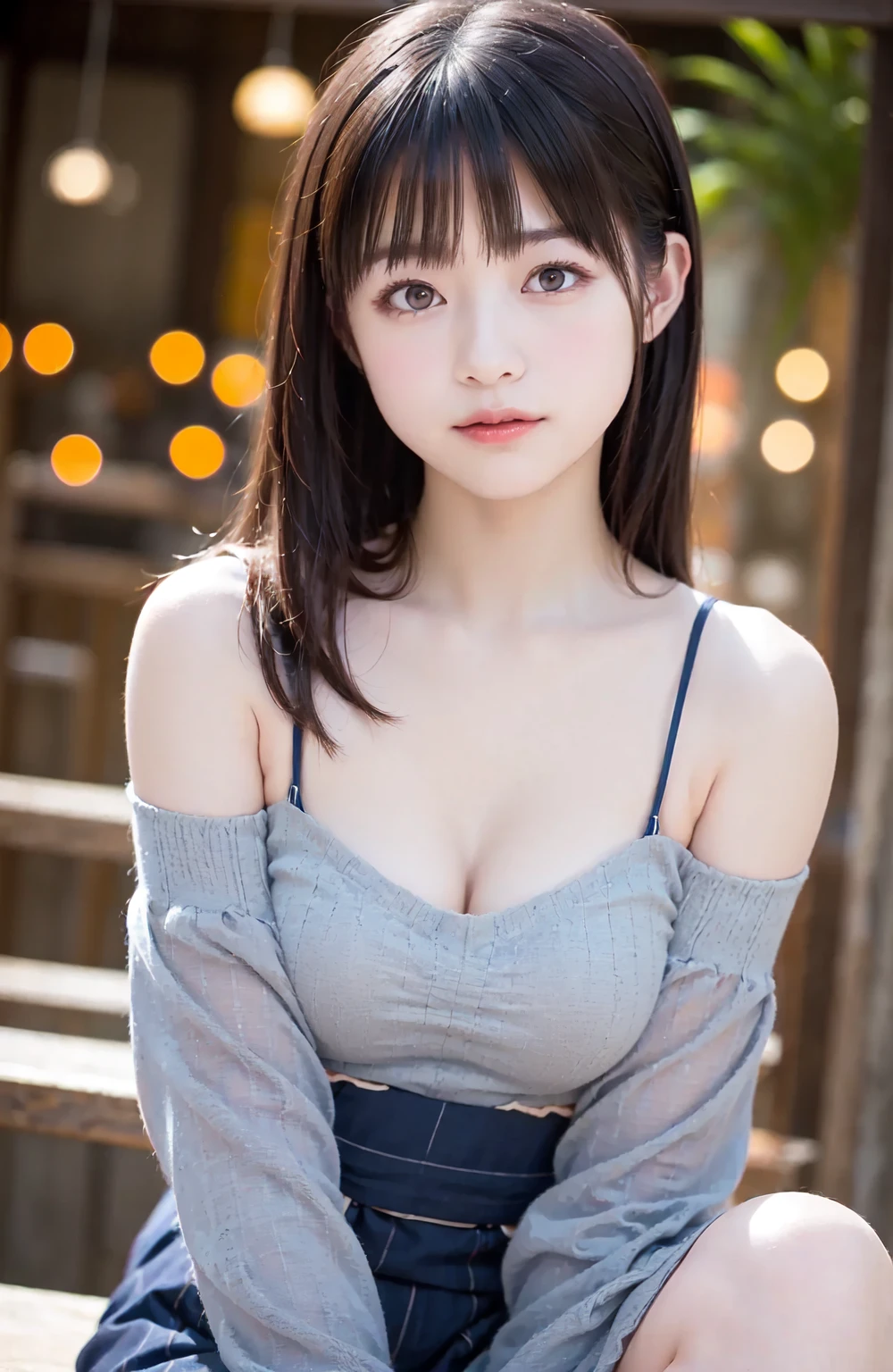 Girl cute beautiful face,Big Breasts,valley,Ulzzang, With a cute - lovely - face, A clear and pretty face, She has black hair with bangs, Yoshitomo Nara, Cute natural anime face, Neat hairstyle with bangs, Small heart shaped face, shikamimi