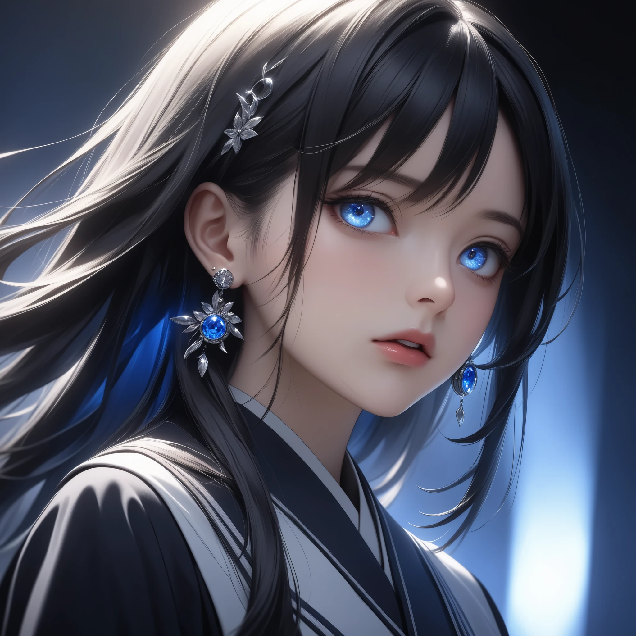 ((extreme quality)), ((Masterpiece)), ((Enrich the picture,Masterpiece level quality)), black hair, long hair, medium breasts, blue eyes, fierce woman, ultra eyes details, RAW 4K, Realistically , ((great effect to highlight the subject)) , ( cinematic lighting, moody, textile shading), perfect proportions, ultra detailed, ultra background detailed, volumetric lighting, soft lighting, glossy skin, beautiful face, Special face details, strong emotions, elegant gesture, Detailed facial features, Long eyelashes, contrast, Incredible atmosphere, Fascinating setting, Haunting beauty , ear rings, fashion show, walking on fashion stage, watch, gloves, hair pin, japanese students uniform theme,