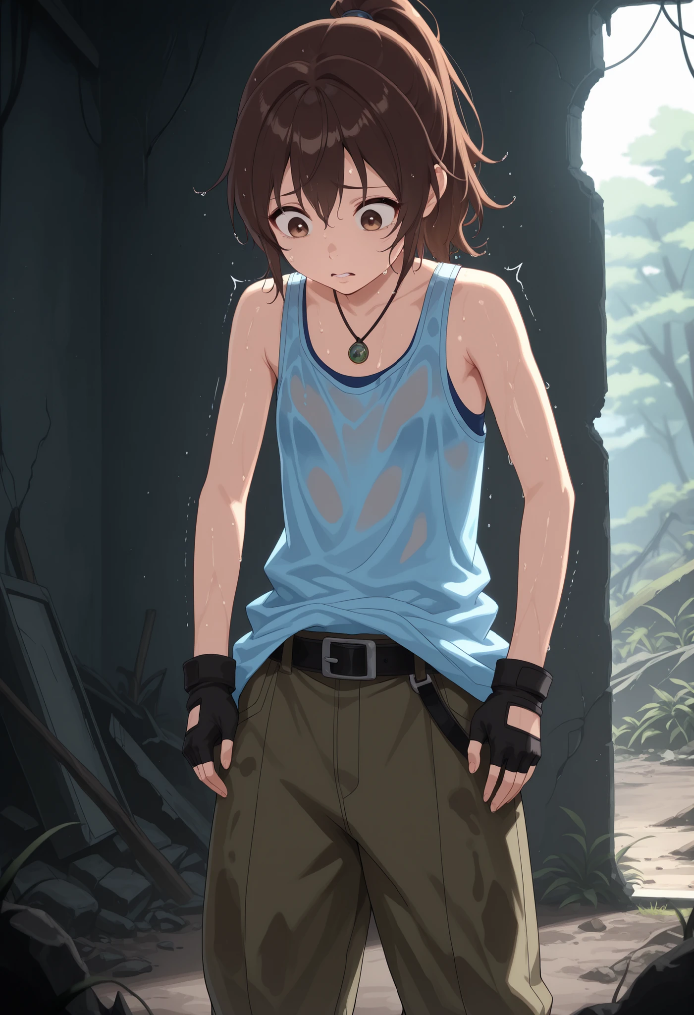 masterpiece, best quality, absurdres, highres, 1girl, solo, age down, flat chest, laradg, medium hair, ponytail, brown hair, brown eyes, fingerless gloves, belt, pants, tank top, necklace, light-blue shirt, loose shirt, standing, shaking, scared, tiredm looking down, wet, body wet, vegetation, ruins, inside, AgeRegression, Oversized Clothes, oversized shirt, oversized pant, oversized tank top, oversized gloves