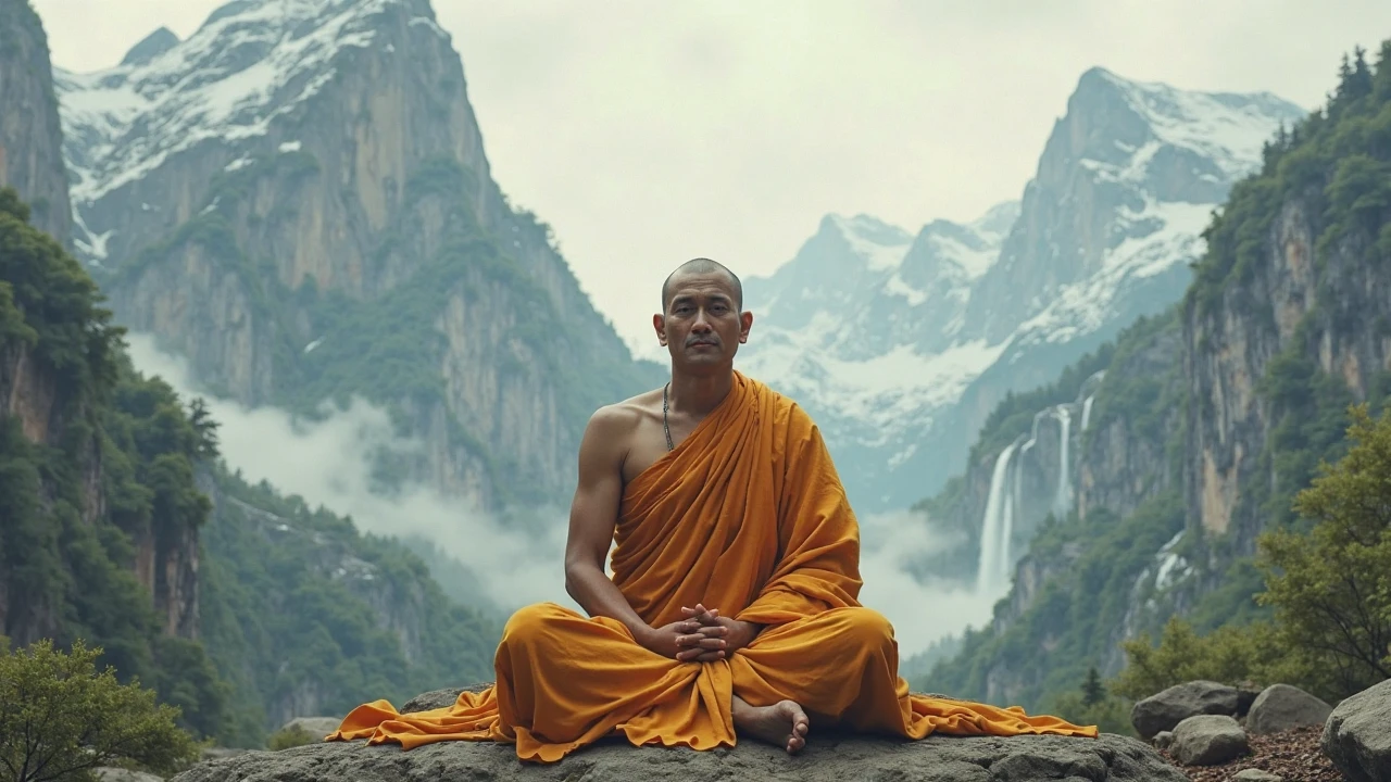 An old monk sits on a large rock,Extremely old monk,(Pray in a lotus pose),Buddhist monk meditation, On the road to enlightenment, Man has a deep connection with God, Zen meditation,brown robe,(Rear view),from back,After the solution,Big light,Buddhism,Beautiful image,epic cinematic shot,8K,