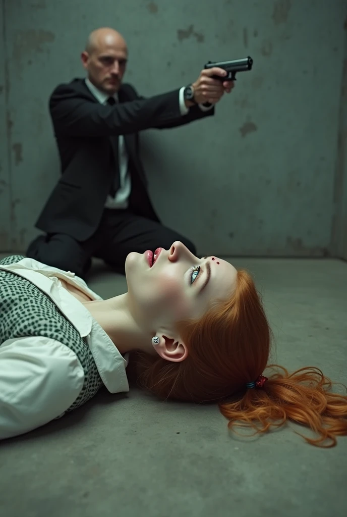 Voldemort has Hermione lying flat on a cold, stone table, her shirt lifted up to reveal her bare abdomen. His right hand is firmly touching and pressing Hermione's exposed abdomen.