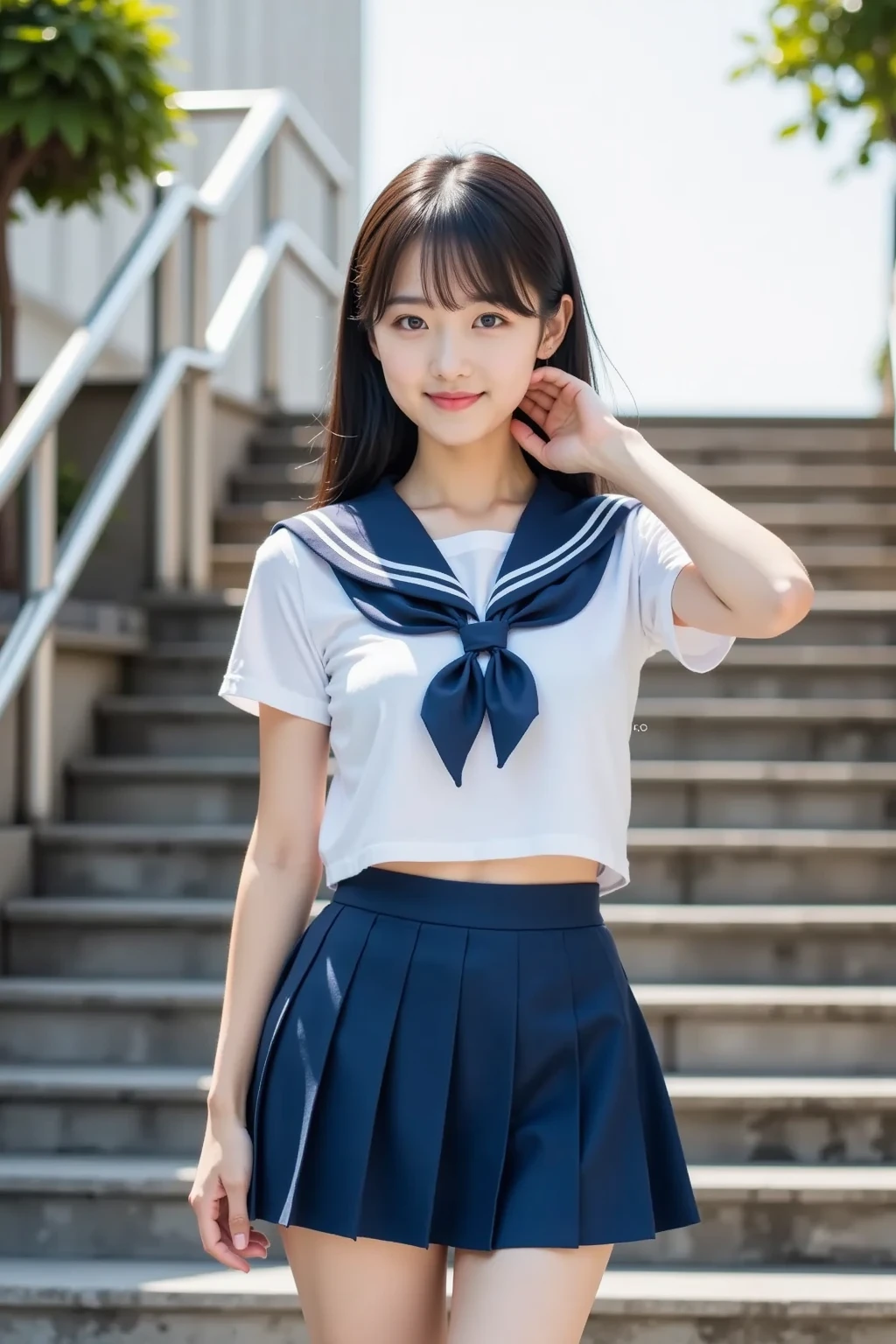 (masterpiece, Highest quality:1.2), 8K, Young and beautiful girl, 85mm,Official AR RAW Photos, Baby Face、Big in clothes 、Show me your ears、photo shoot, Cute face, Thighs, Classroom after school, Observe the audience, Embarrassing、smile、 makeup, Film Grain, chromatic aberration, Sharp focus, Face Light, Bright lighting, 10 generations, Detailed face, Background blur、((((((16-year-old high school girl))))))、Tight waist、Sailor suit、Navy blue mini skirt、Lift up your skirt with one hand'hand、White tiny panties、Wet、Spread your legs、((White panties))、((White panties))、((White panties))