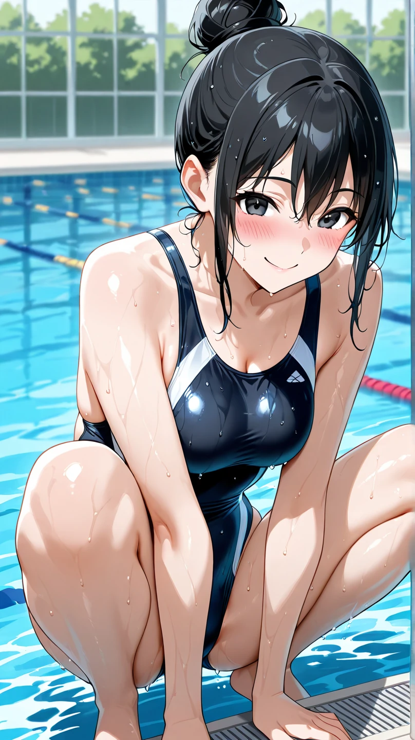 (high quality, 8k, 4K, High Contrast, masterpiece:1.2, 最high quality, Best aesthetics), , Very detailed, Seductive and erotic girl, false smile, Forced smile,Shadowy Face,blush,Embarrassed,(Bulging milk, Silver fur), Focus on the face, Small face,Complex eyes,, laced , Poolside,Pause waiting for insertion, Black Hair,One-piece competitive swimsuit,Toned Body,muscle質、muscle,Gatai is good,Muscular