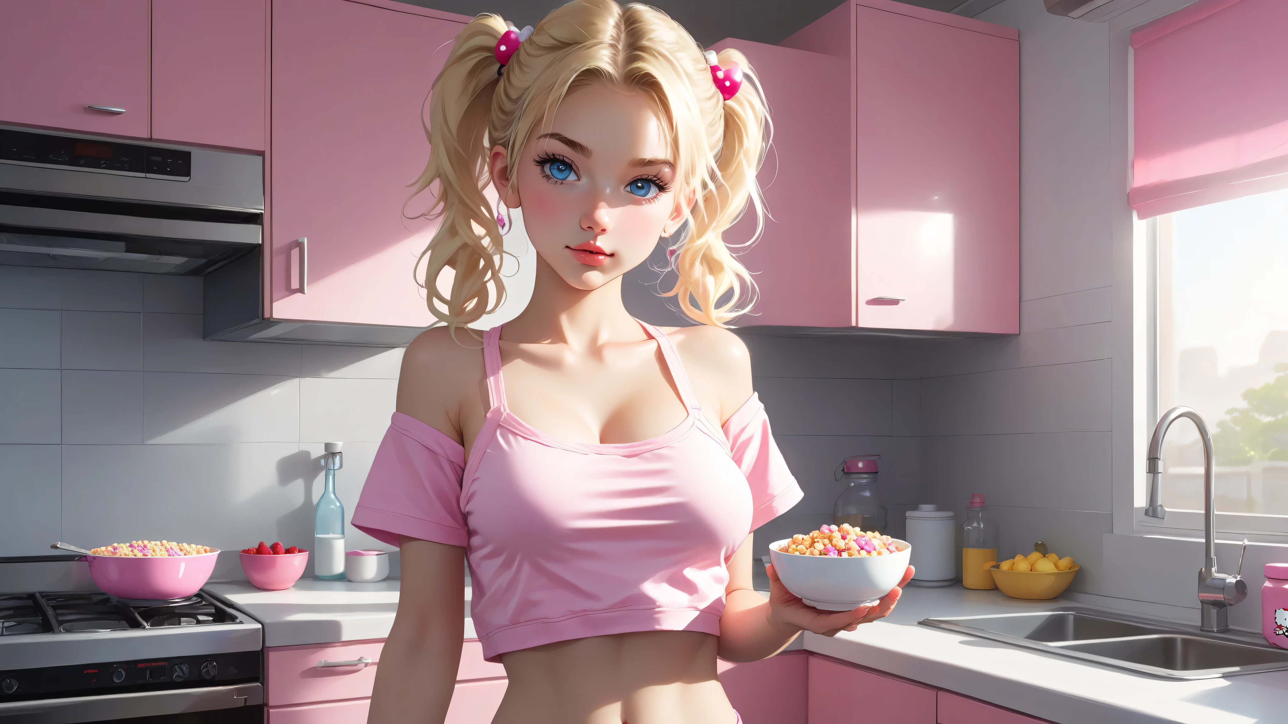 cute, baby faced, 18 year old girl, (European) very fit, ((hard nipples)), skinny, sexy, blue eyes with blond pigtails, holding a bowl of cereal, a little milk on her lip and dripping onto her breast, In small pink hello kitty panties and a really big bouncy gray crop top, cleavage, in a modern kitchen with the morning sun shining in,