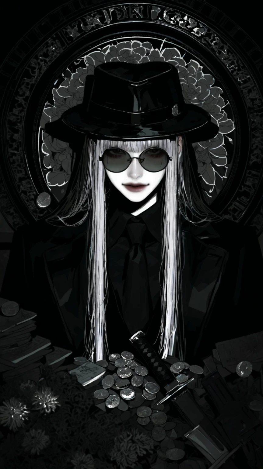 Absa Gokudō, high resolution, Super Details, 1 arms dealer, solo, so aesthetic, highly detailed eyes, gun, knife), knifeを持っている , sheath, mafia hat,Chrysanthemum flower, Black Glasses , Bangs,Multicolor Hair Under Arms, Tenjo Tenka, Ooku Hair, Nouveau riche, Coin pile, long hair, Round sunglasses, A stack of bills, black and white hair, portrait, silver accessory