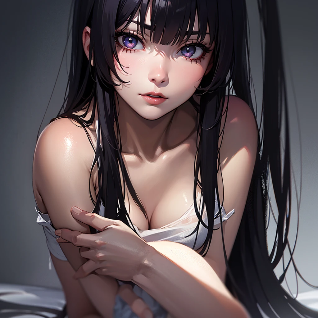 (view from back) woman Lying on stomach with hands propping up head, (shirt, tie, pants:0.5) (detailed realistic face), (((hyperdetailed))), zoomed out, symmetrical face, detailed pupil, expressive eyes, makeup, real photography, modern look, Real photography (Realisitc:1.5), han Sooyoung, naked, nude, white liquid on lips, black lingerie, blushing